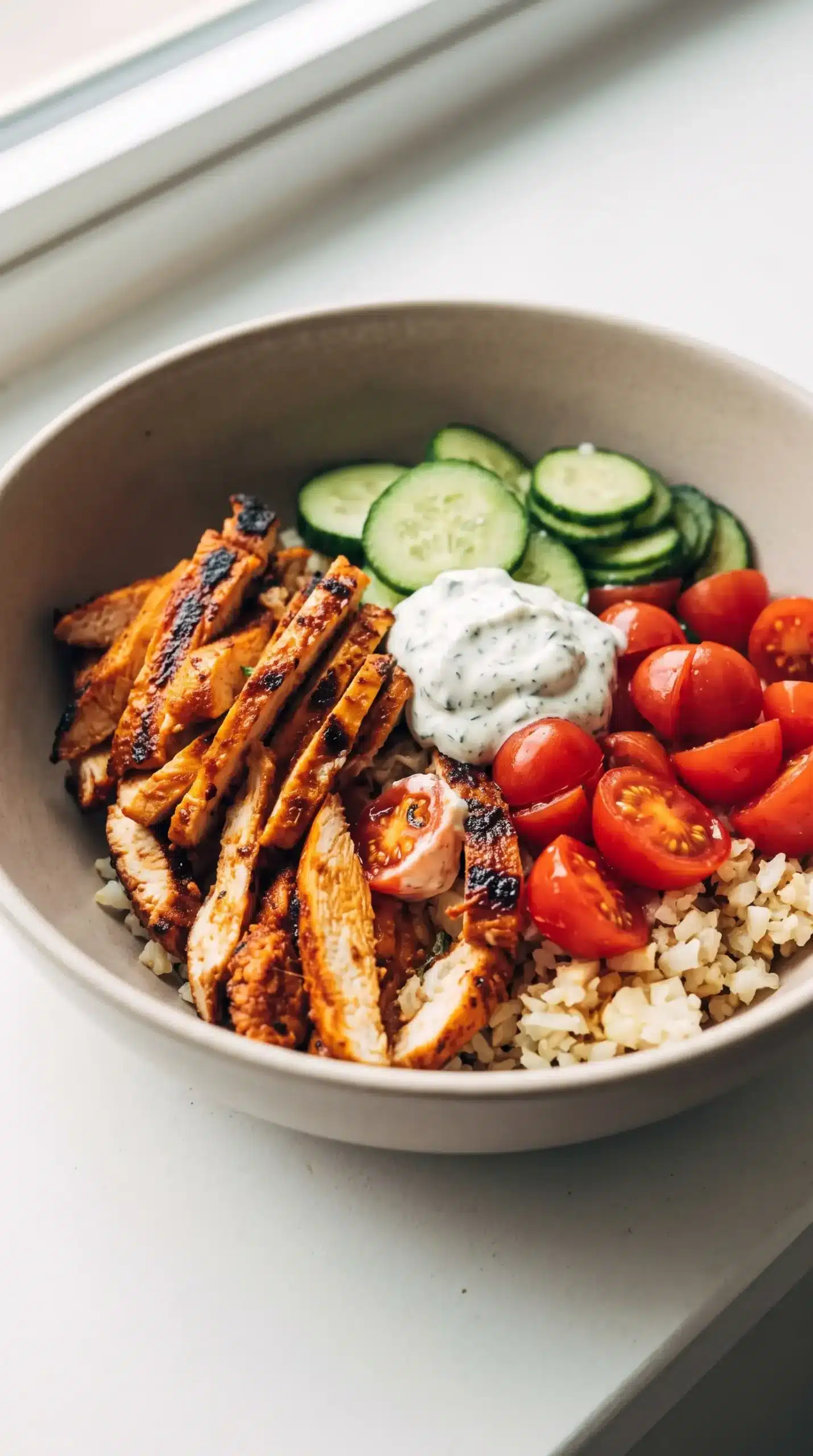 Buffalo chicken bowl with cauliflower rice, cucumber, tomatoes, and creamy topping