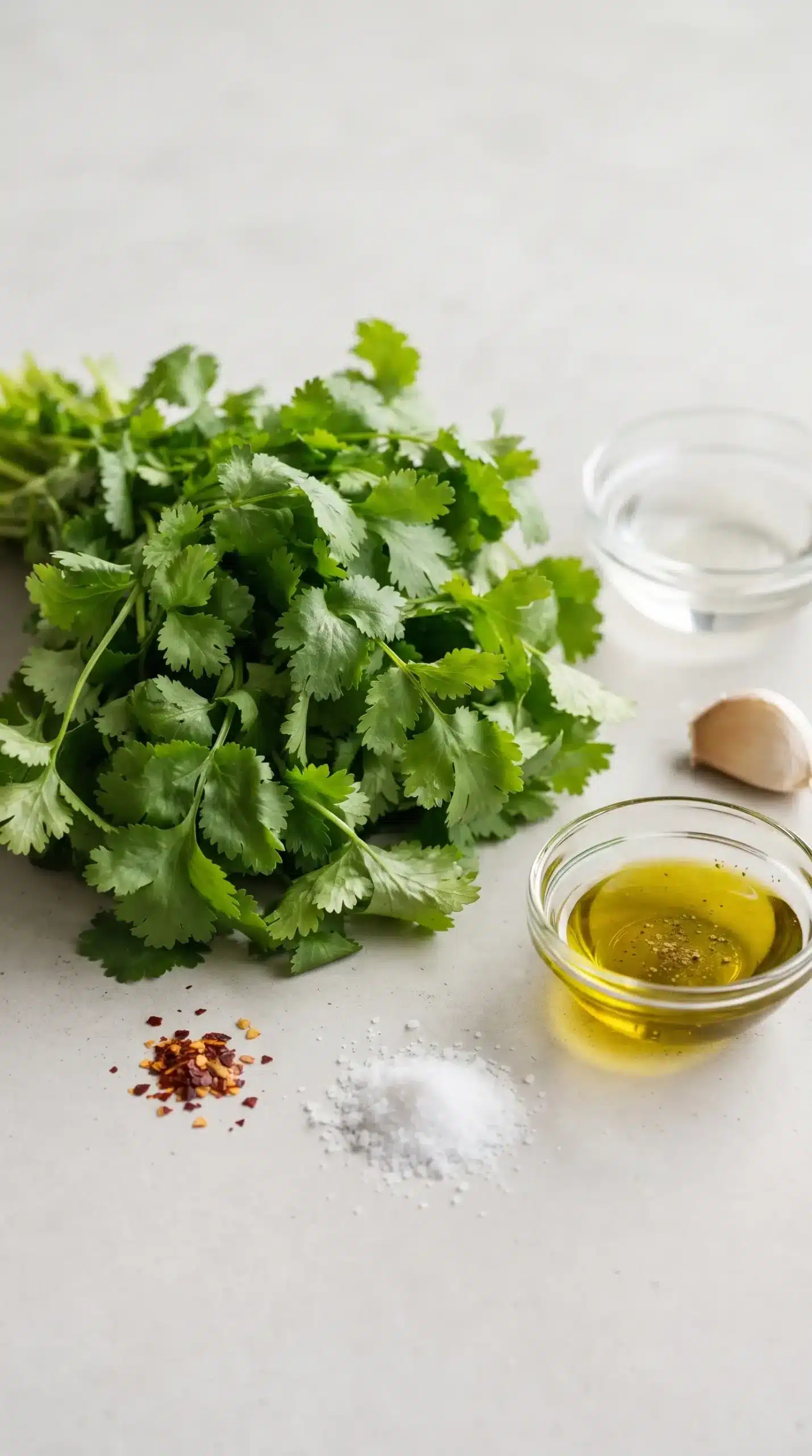 Fresh cilantro and ingredients prepared for making cilantro vinaigrette dressing