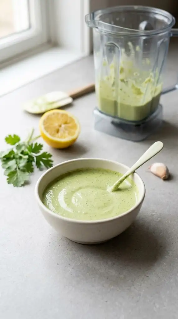 Pale green tahini sauce with fresh herbs and lemon beside a blender jar