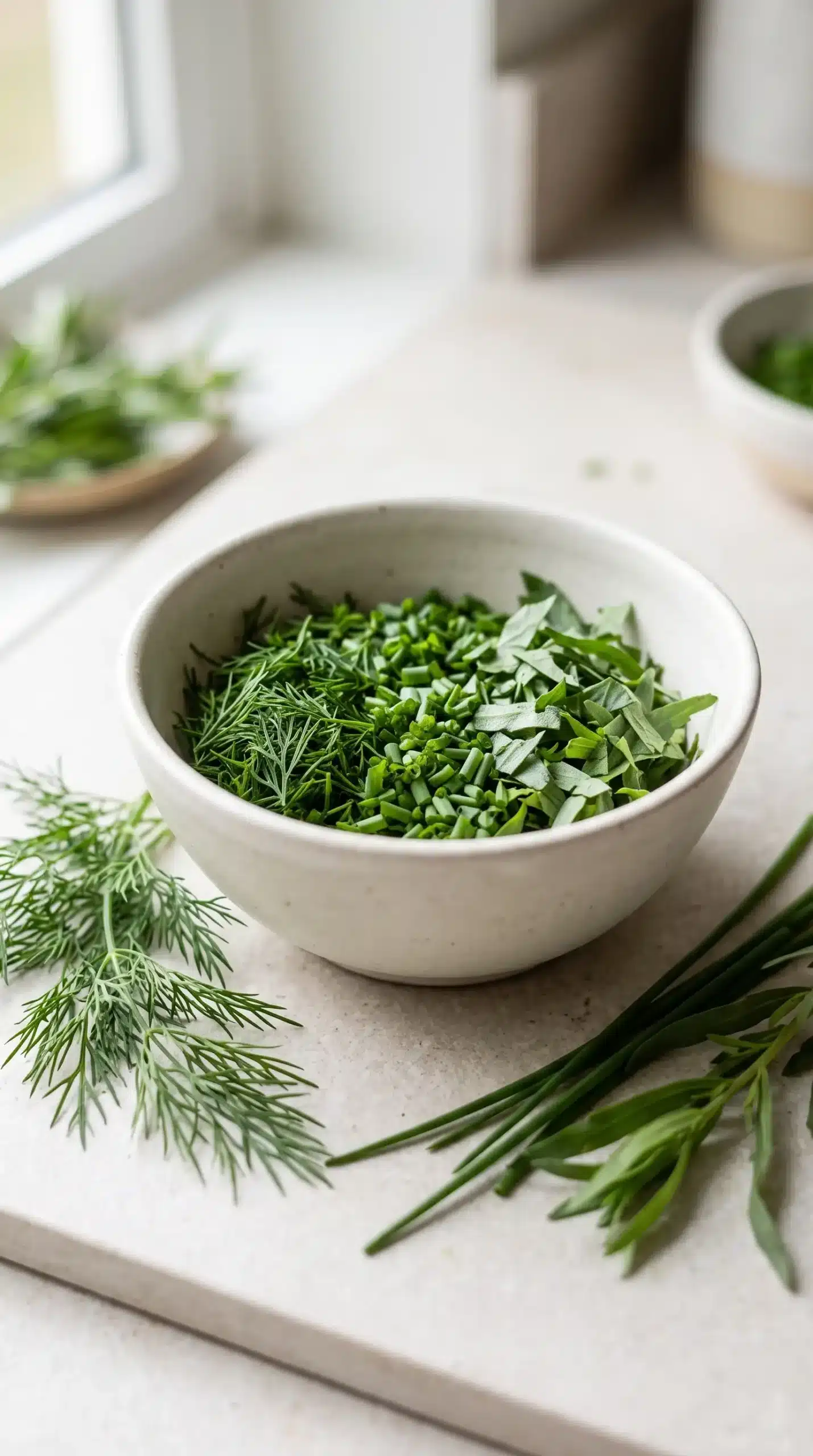 Professional food photography close-up of fresh herbs being prepared for Liz's Bistro Salad, showing a small neutral ceramic bowl containing chopped dill, minced chives, and torn fresh tarragon leaves as the single subject. Include the natural variation of herb shapes and green tones, with a few whole herb sprigs nearby to show freshness. The scene should look like a real preparation step before assembling the salad, photographed on a simple light stone surface with soft natural daylight, realistic kitchen styling, no finished salad bowl, no excessive garnish, no wooden boards.