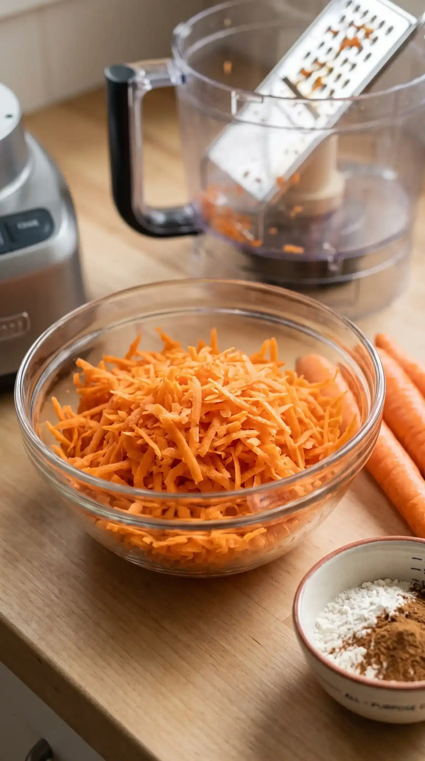 Freshly grated carrots prepared for a moist carrot cake coffee cake batter