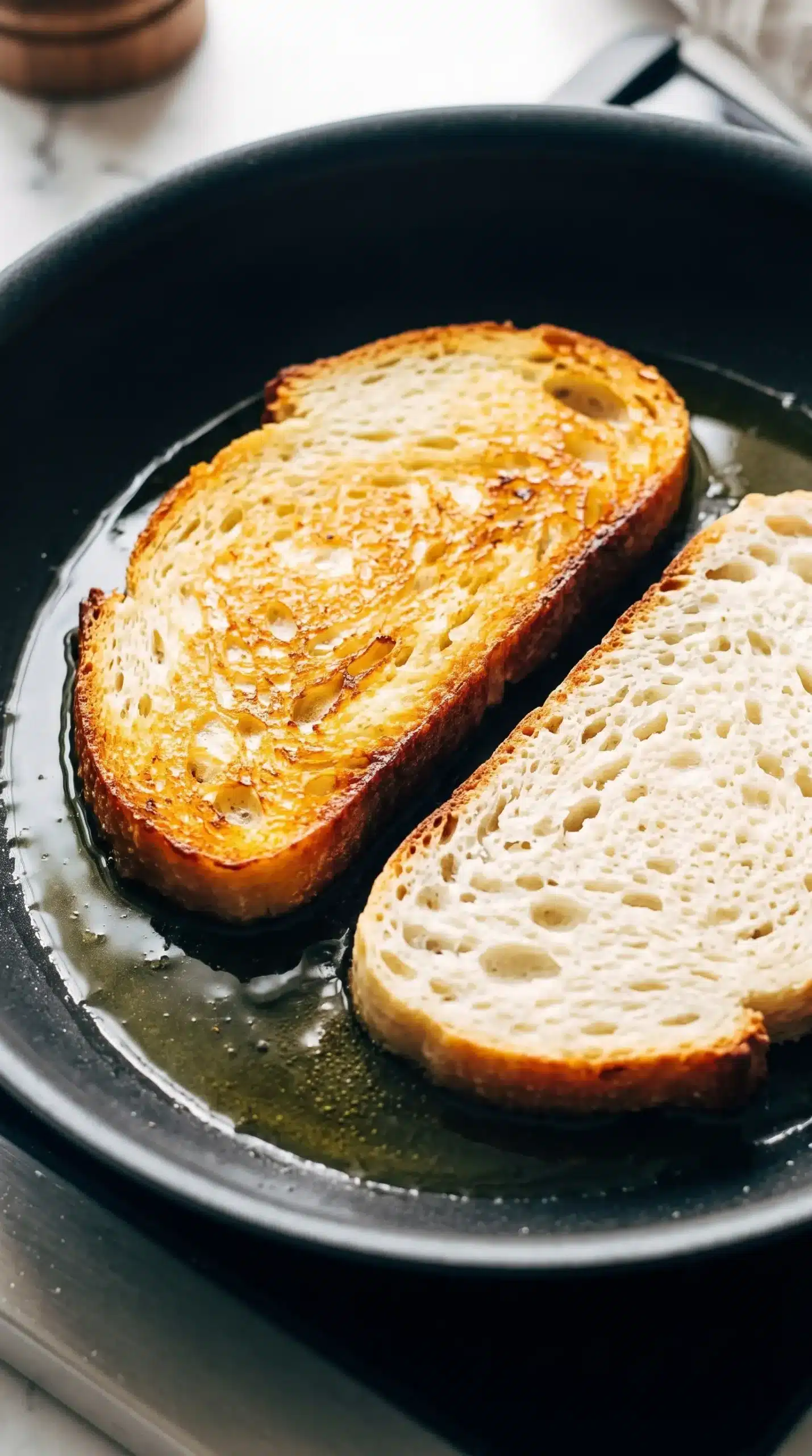 Sourdough bread slices frying in olive oil until golden and crisp for salad topping