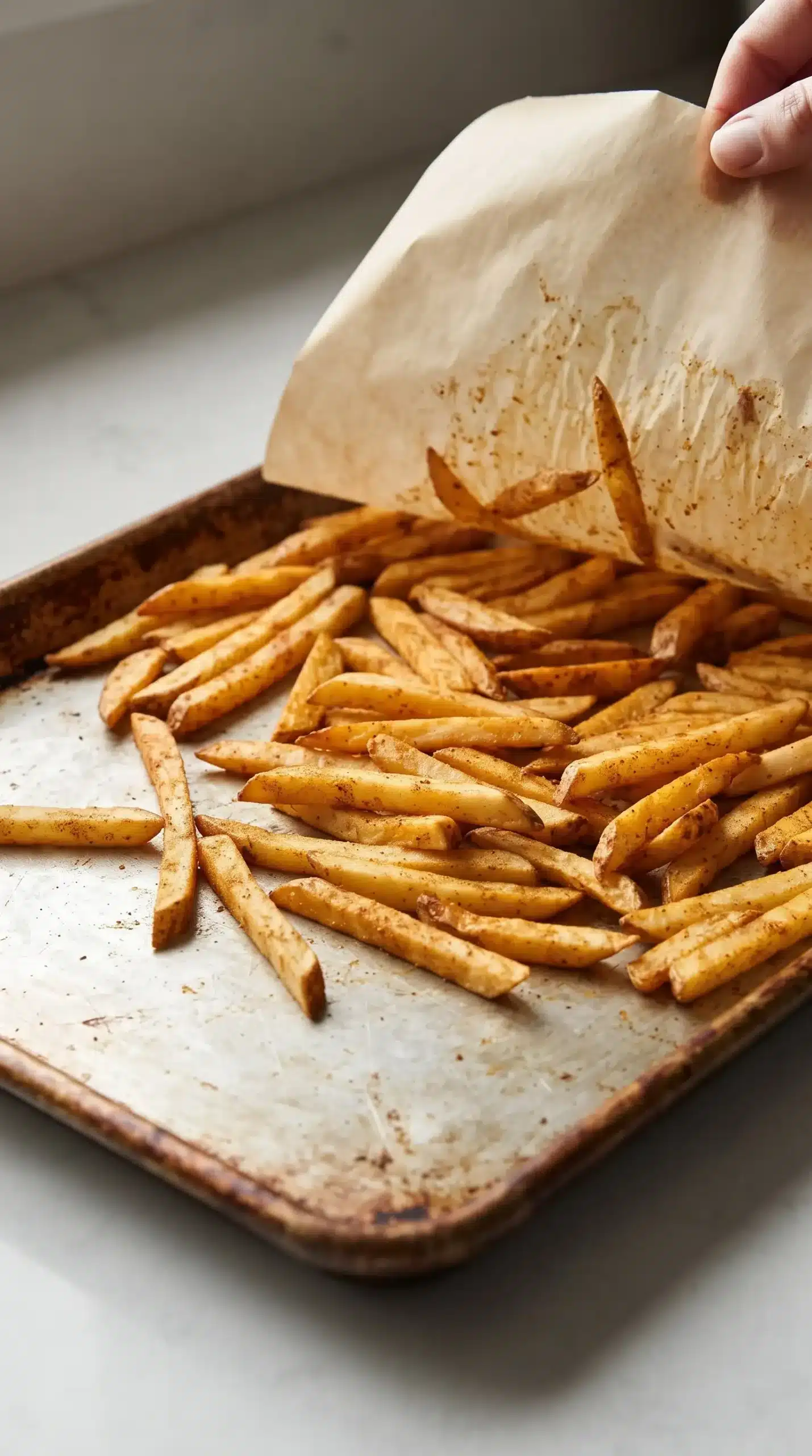 Seasoned potato fries transferred from parchment to a baking sheet for browning