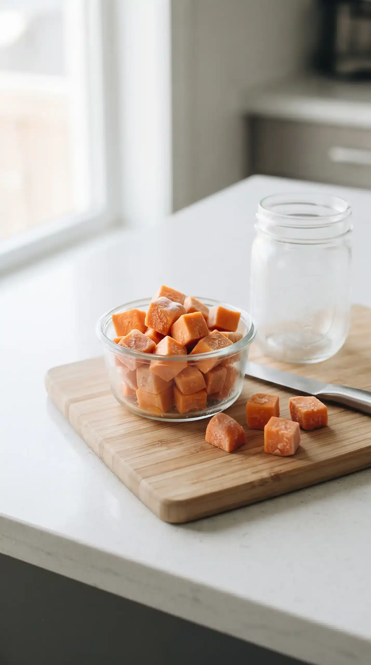 Frozen sweet potato cubes prepared for blending into a thick autumn milkshake