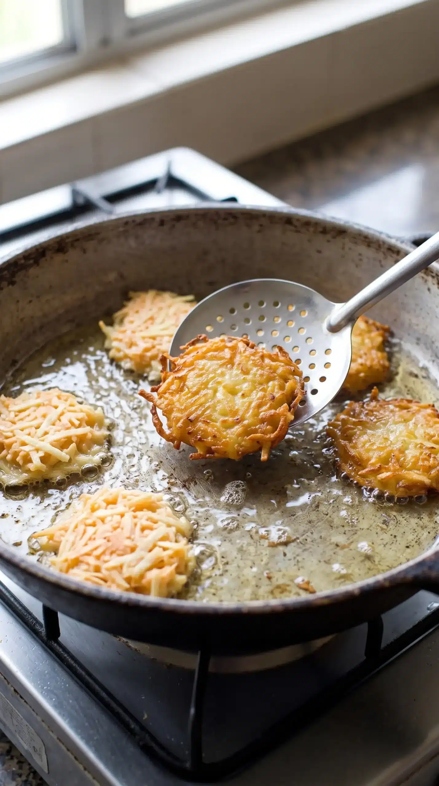 Camote tops fritters cooking in oil with golden edges forming in a pan