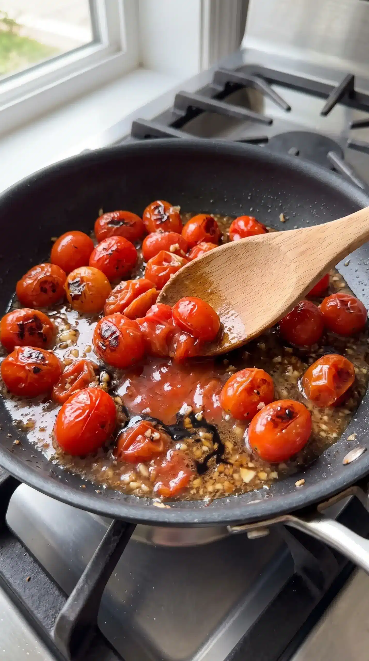 Cherry tomatoes, garlic, butter, and balsamic vinegar cooking into a thick skillet sauce