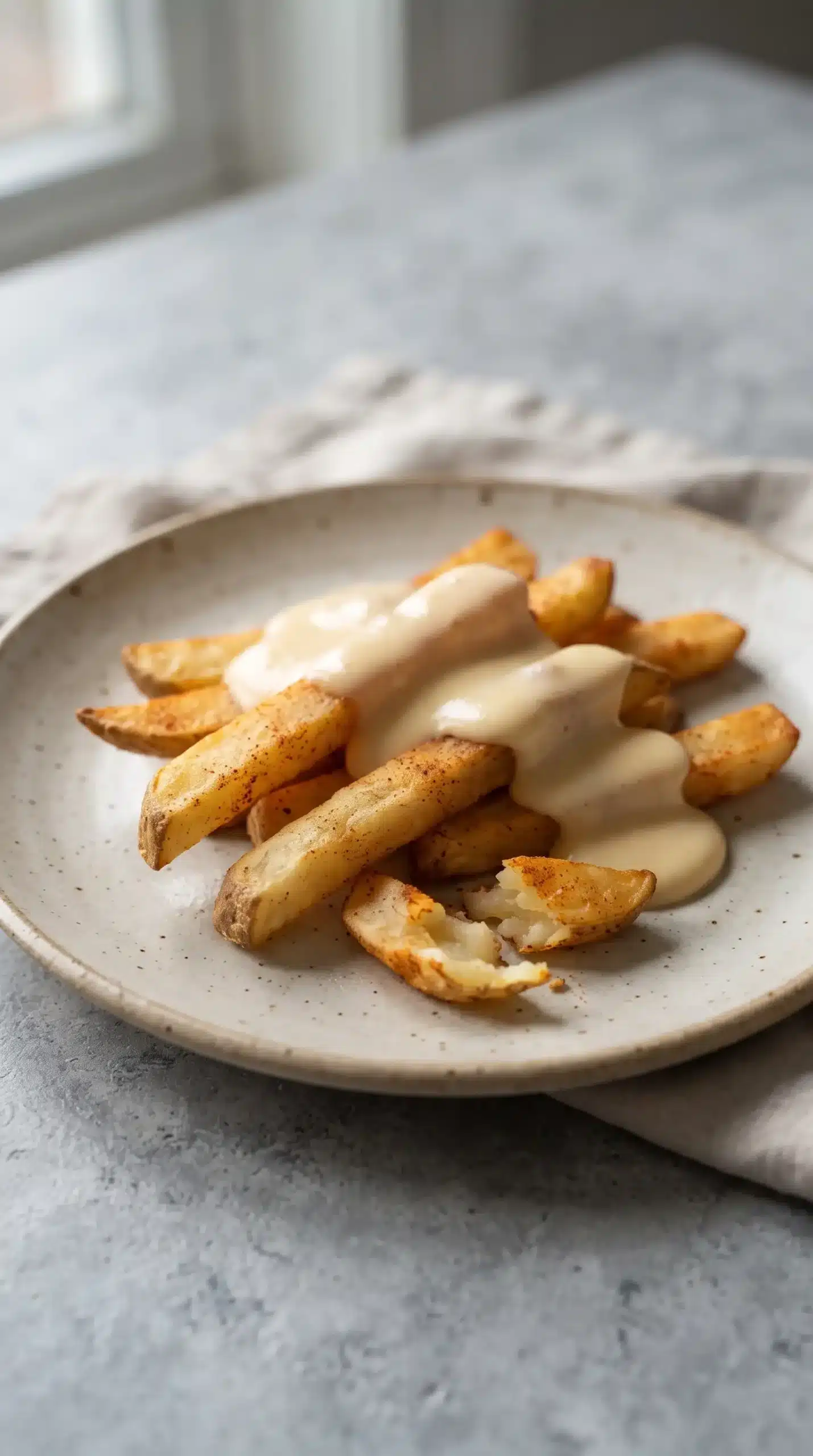 Golden baked potato fries topped with creamy garlic cheese sauce on a plate