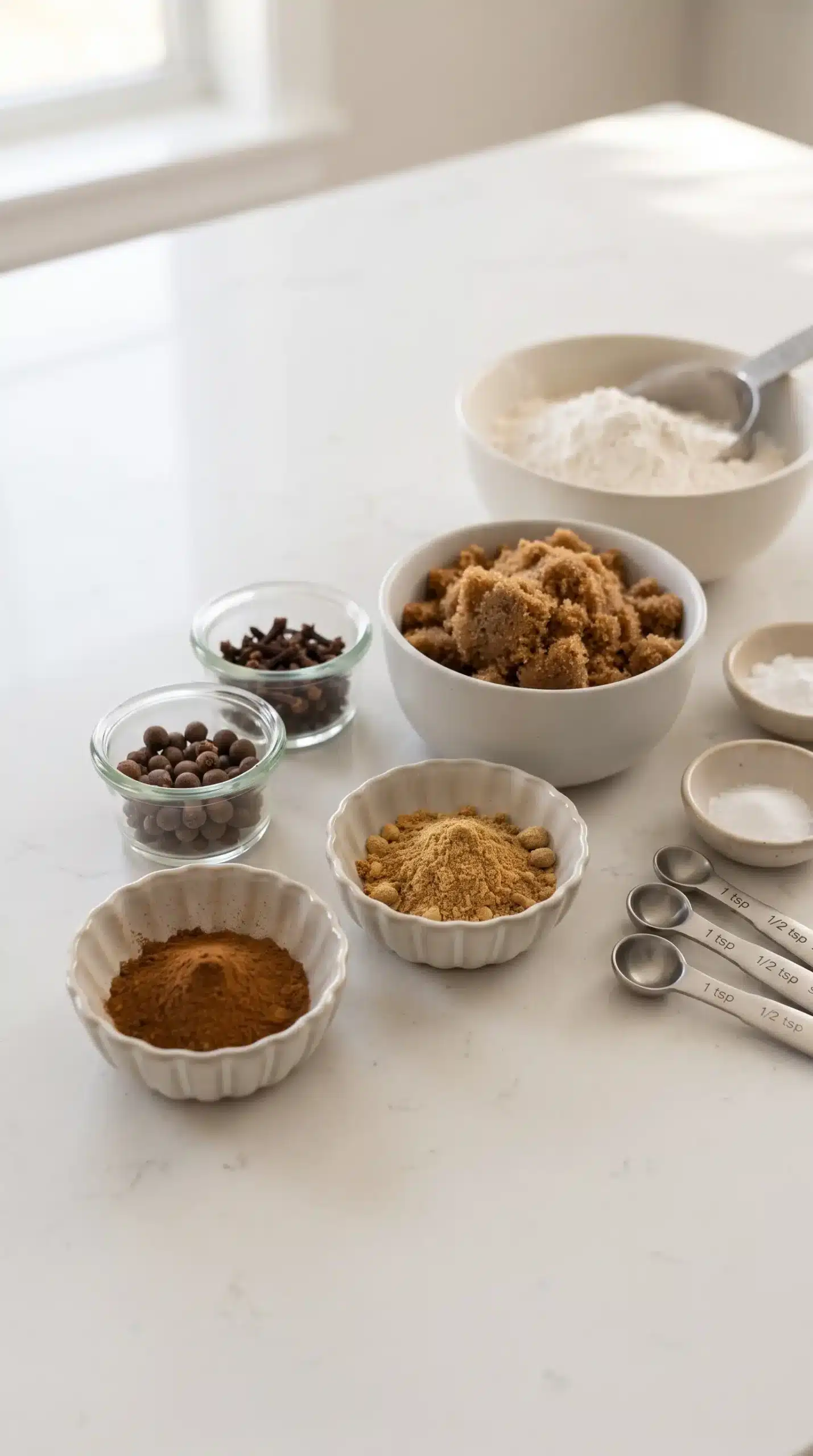 Spices and baking ingredients prepared for gingerbread mini donuts