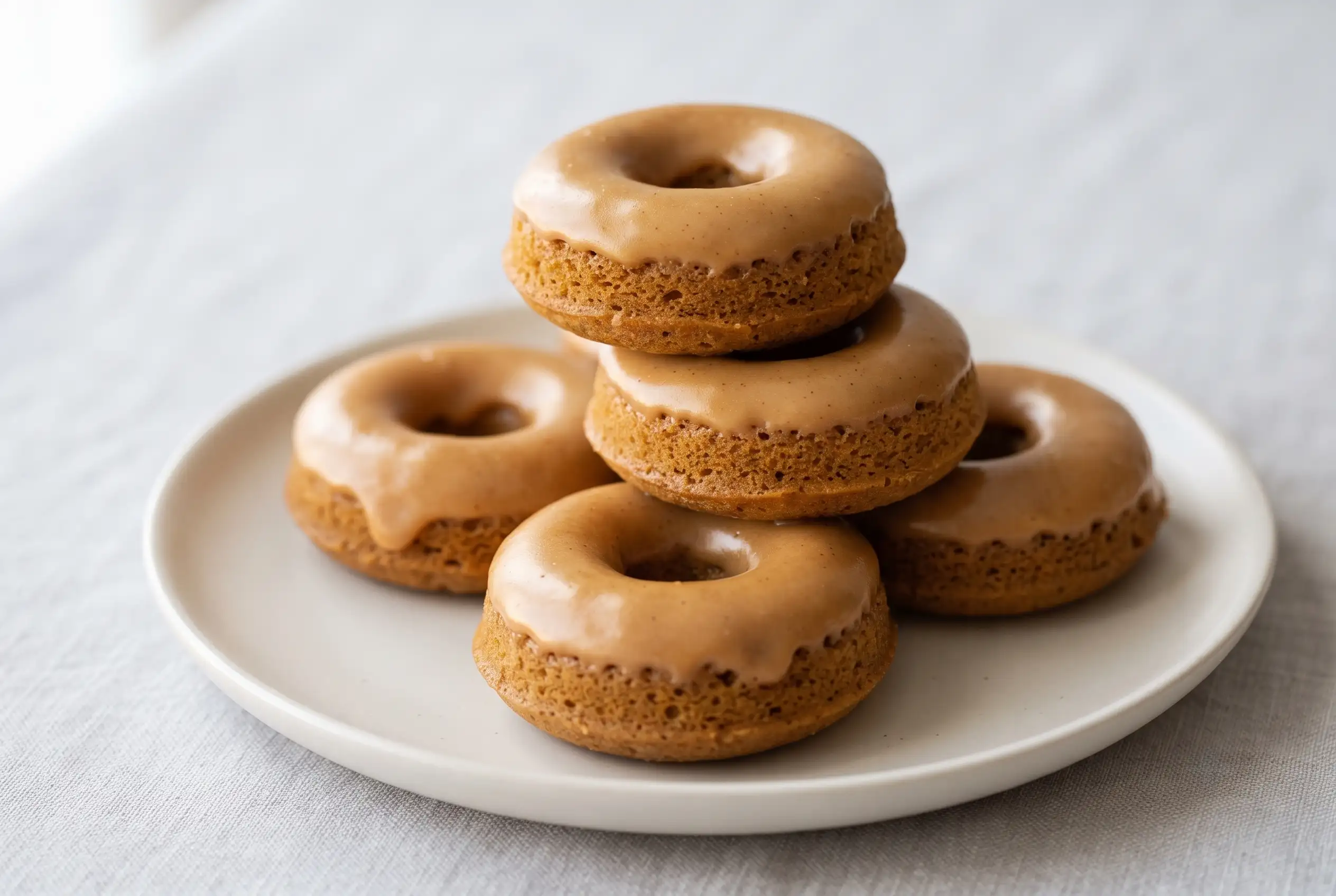 Gingerbread mini donuts with maple glaze and brown sugar on a ceramic plate