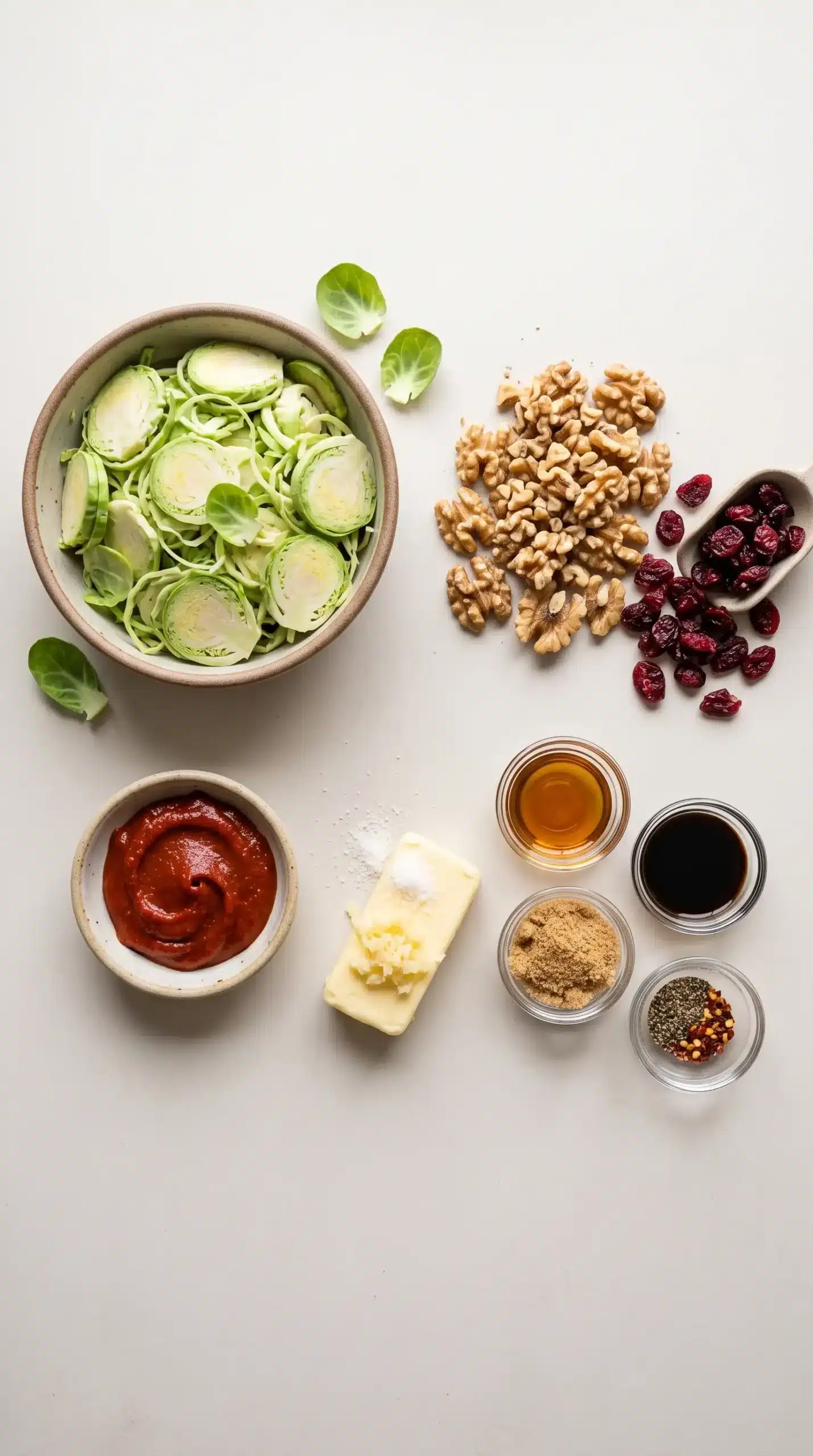 Ingredients for gochujang butter Brussels sprouts with shaved sprouts, walnuts, sauce, and seasonings