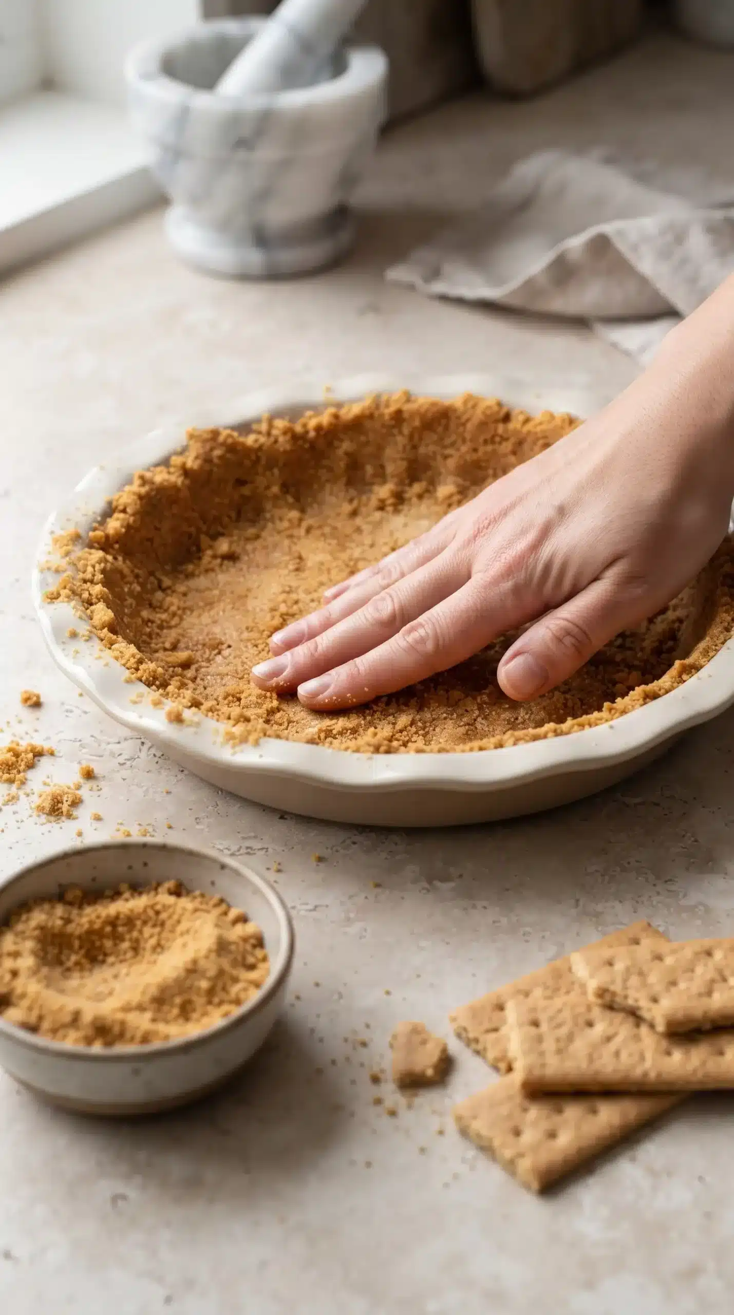 Graham cracker crust being pressed into a pie plate for banoffee pie