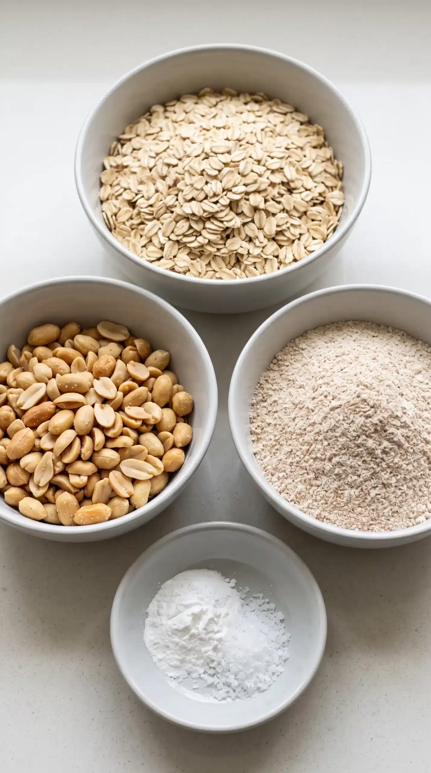 Rolled oats, peanuts, flour, baking powder, and salt for peanut butter granola