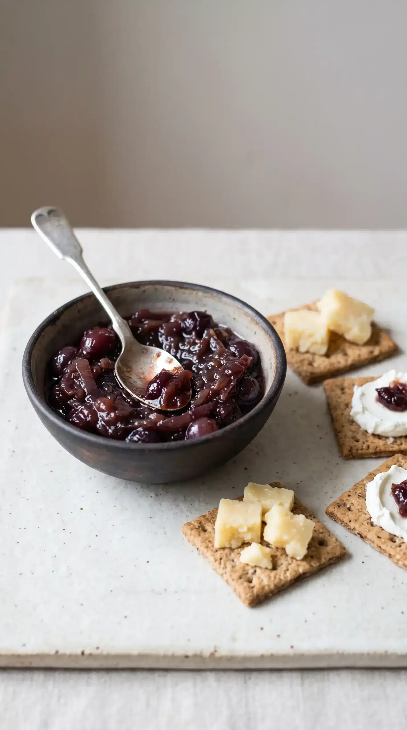 Grape chutney served with crackers, Manchego, and goat cheese as an appetizer
