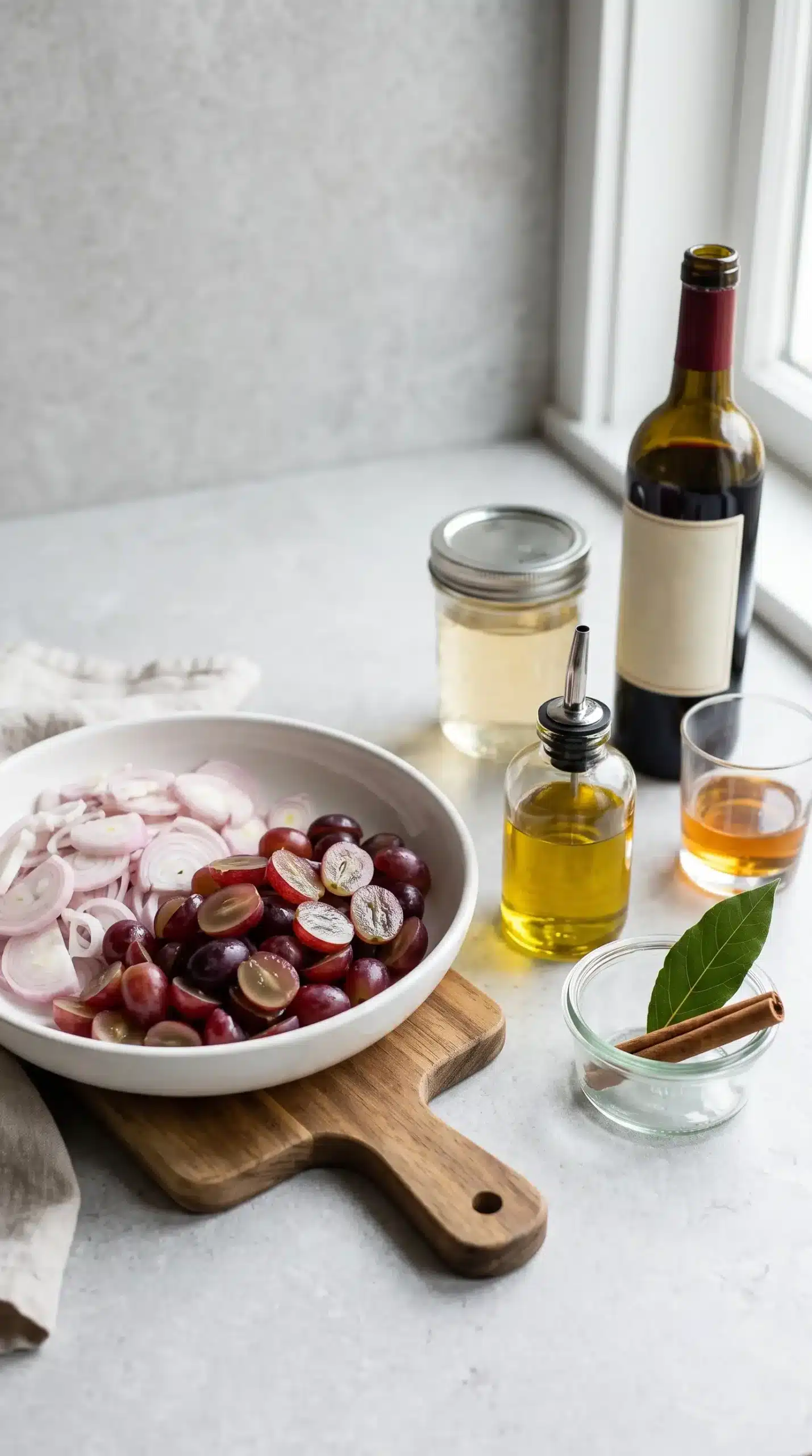 Sliced shallots, grapes, wine, bourbon, spices, and vinegar arranged for grape chutney preparation