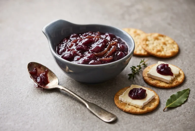 Grape chutney with caramelized shallots served in a bowl with crackers and creamy cheese