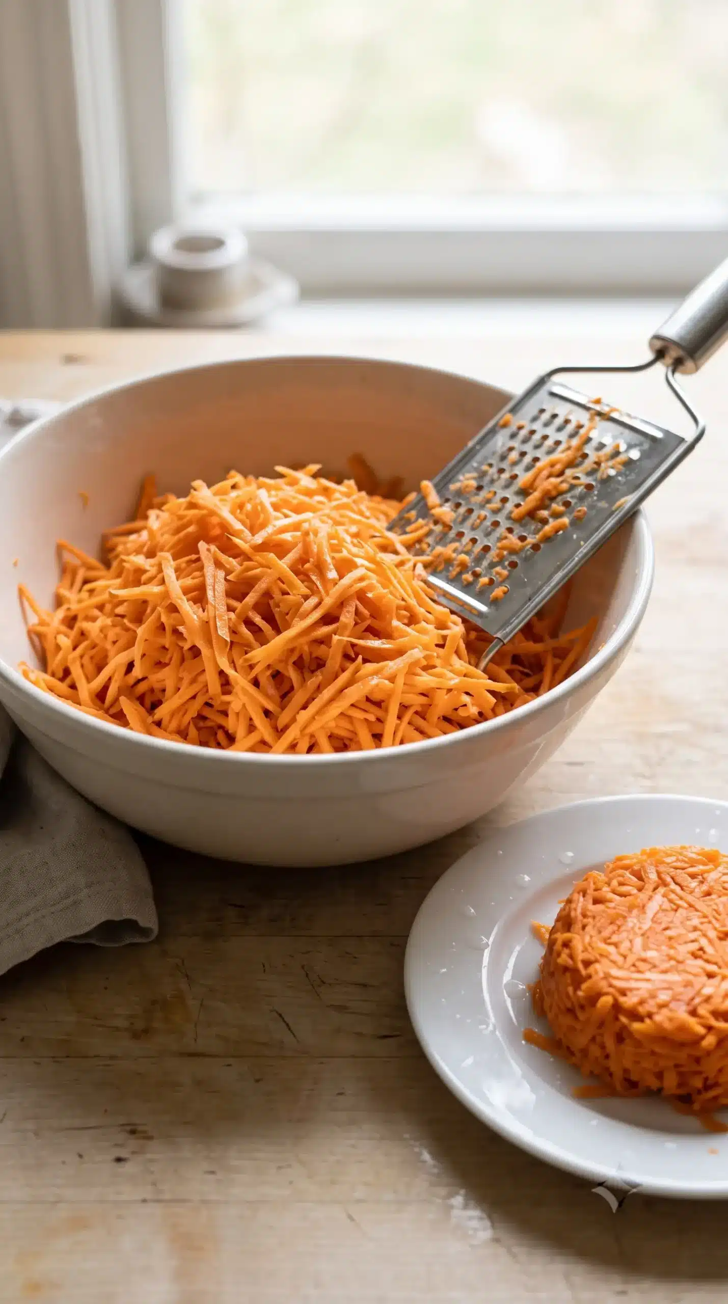 Grated orange camote strands in a bowl prepared for sweet potato fritters