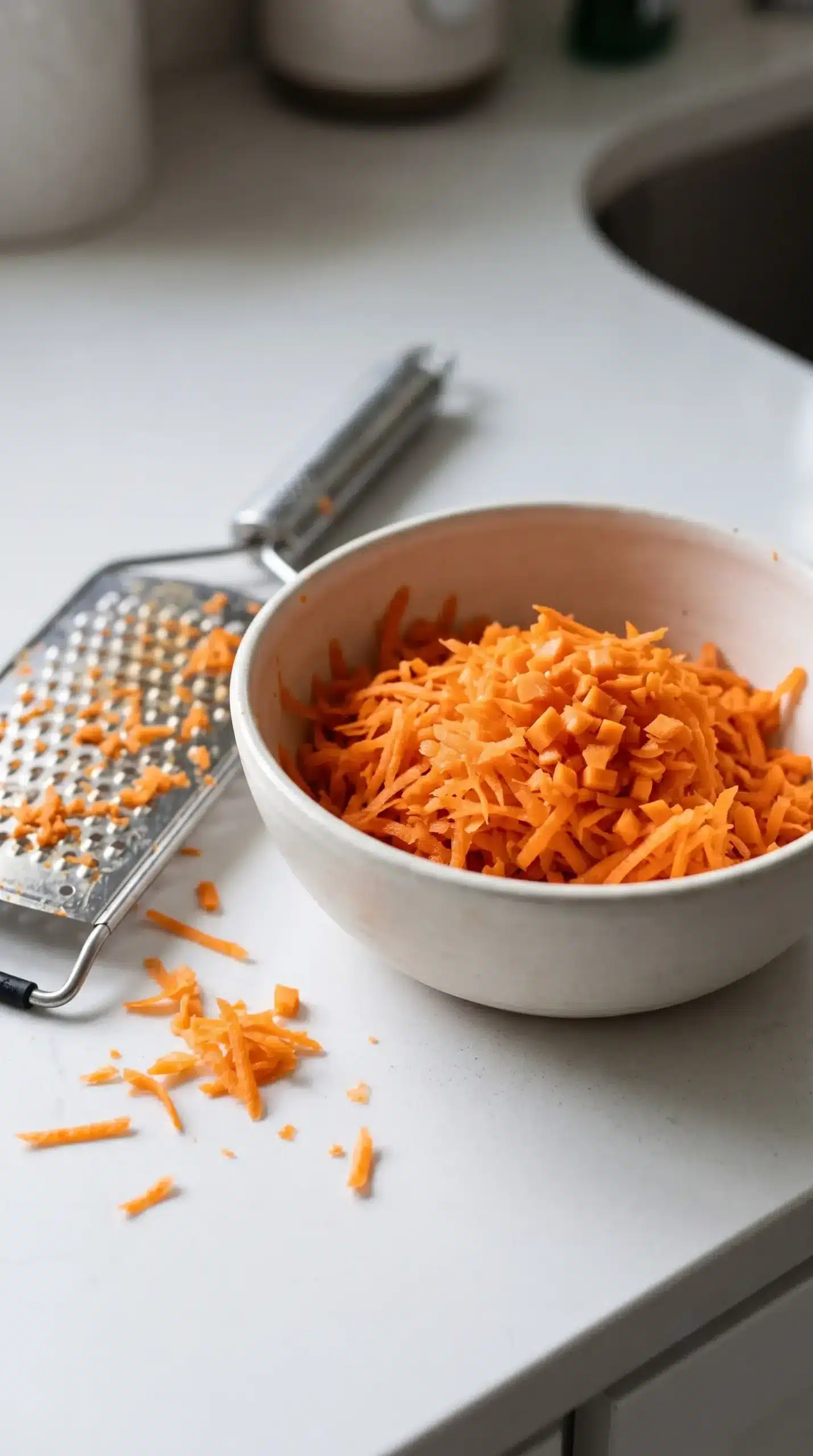 Grated and chopped carrots prepared for carrot cake cupcake batter in a bowl