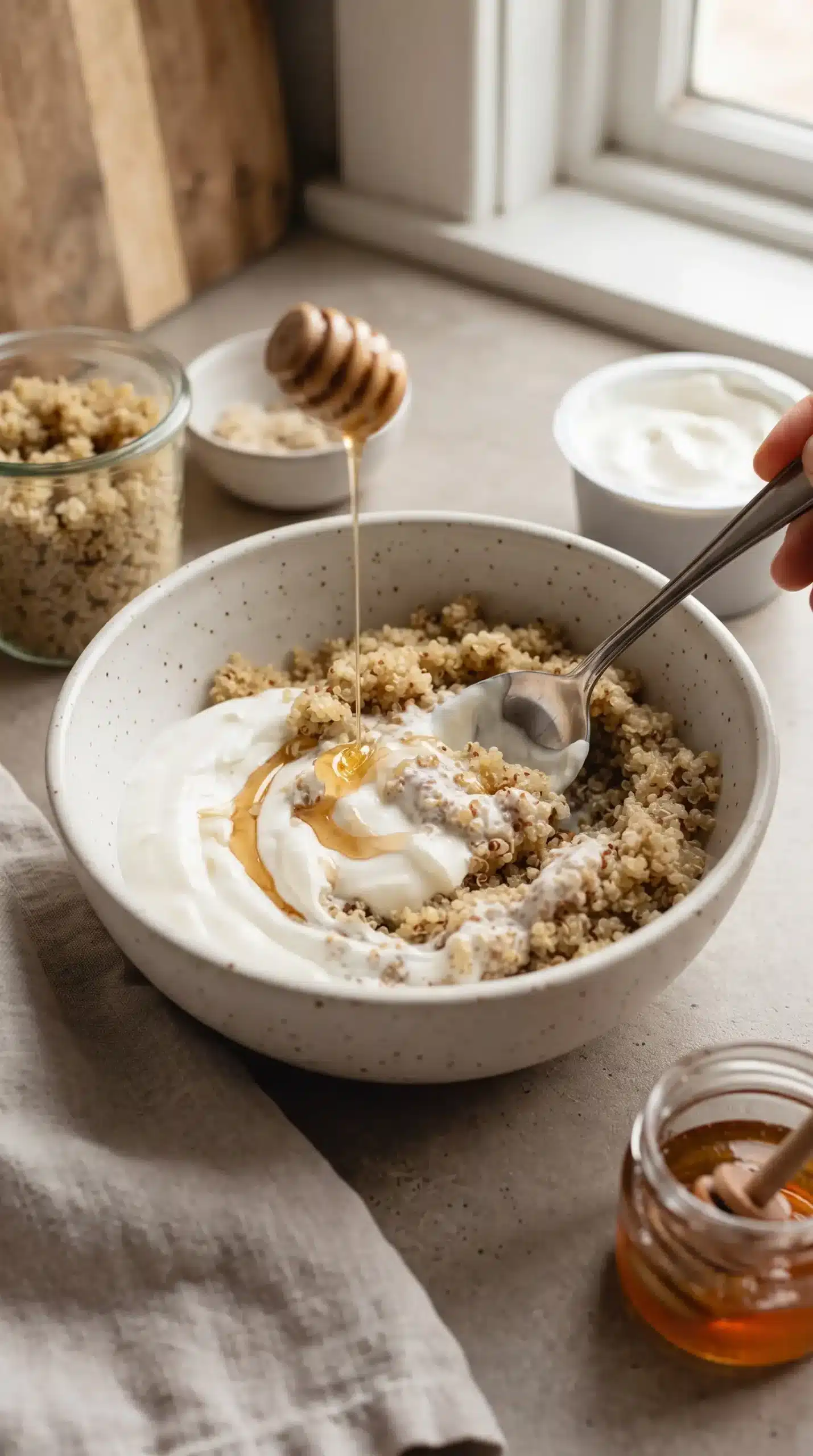 Greek yogurt, quinoa, and honey combined for a creamy parfait mixture