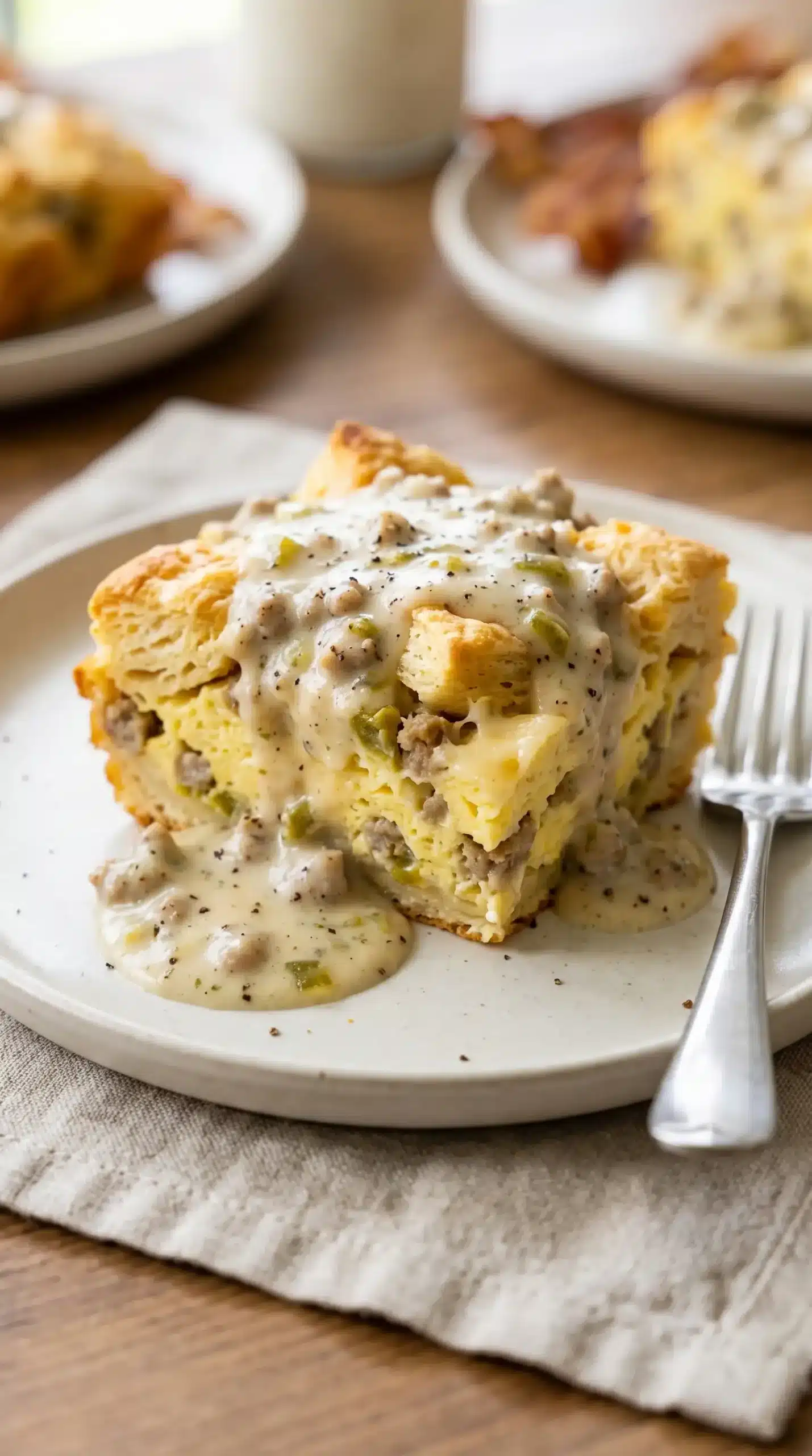 Serving of biscuits and gravy egg bake topped with green chile sausage gravy