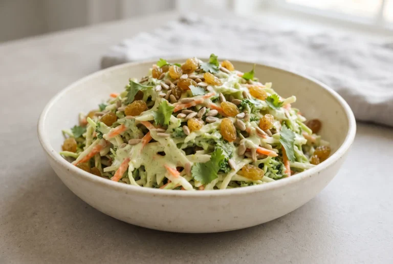 Green curry salad with creamy coconut curry dressing, broccoli slaw, carrots, raisins, seeds, and cilantro