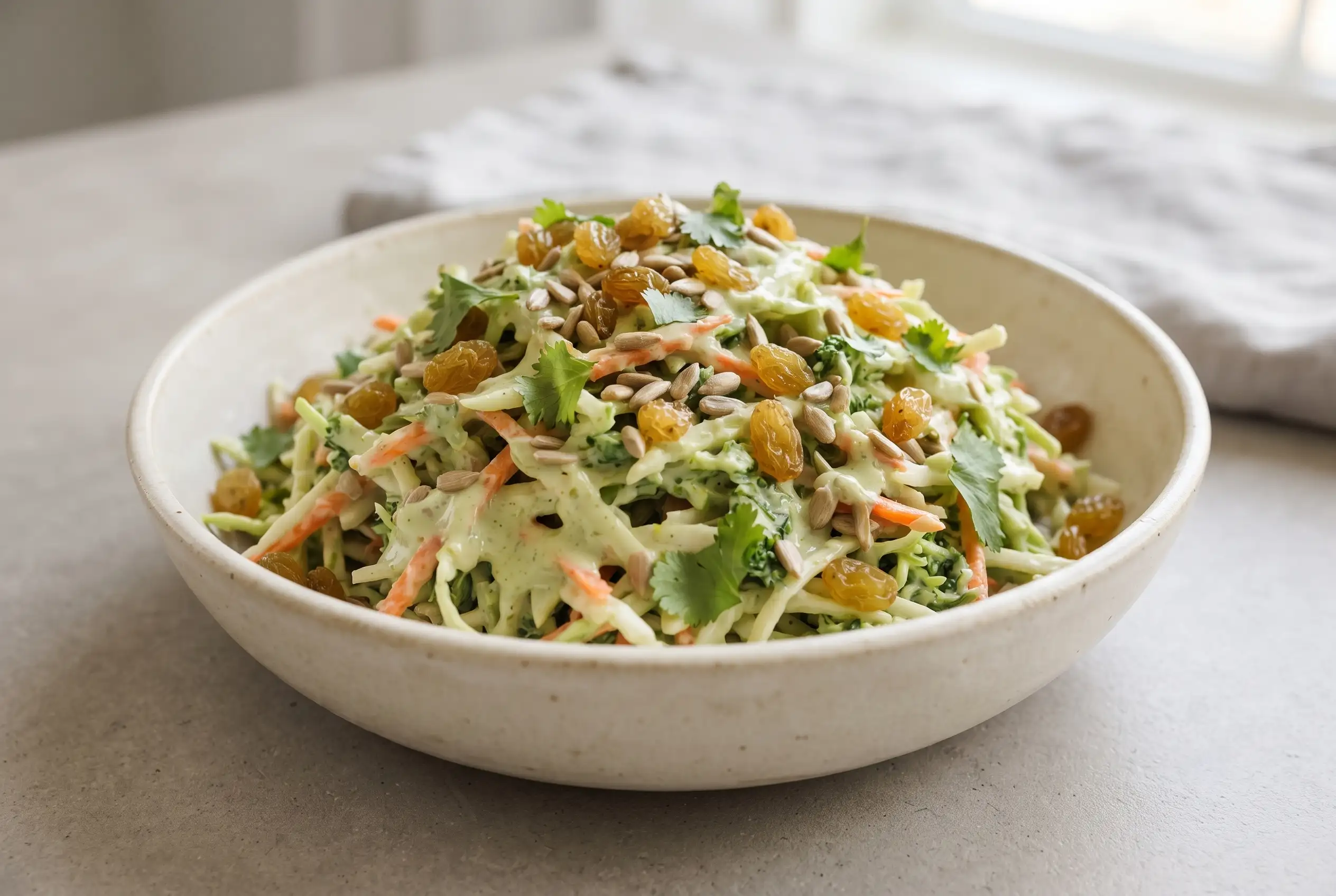 Green curry salad with creamy coconut curry dressing, broccoli slaw, carrots, raisins, seeds, and cilantro