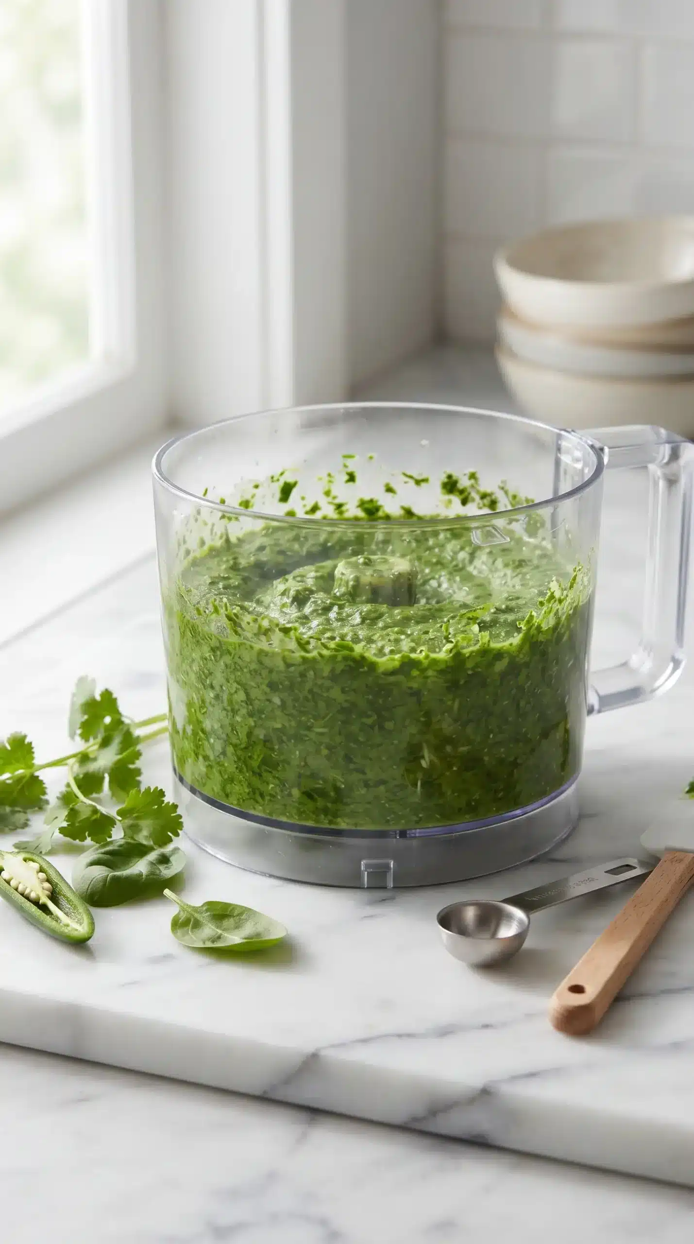 Blended cilantro and spinach herb mixture with shallot, serrano, and garlic for green rice