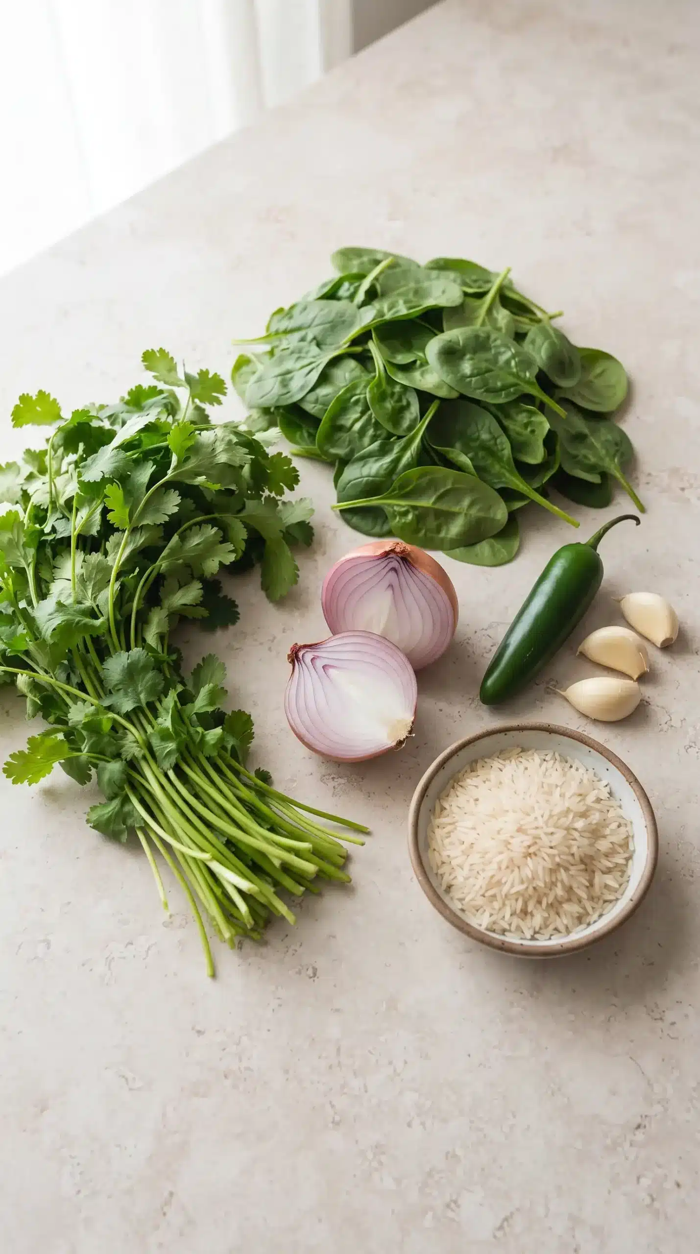 Fresh cilantro, spinach, shallot, serrano pepper, garlic, and rice for green rice