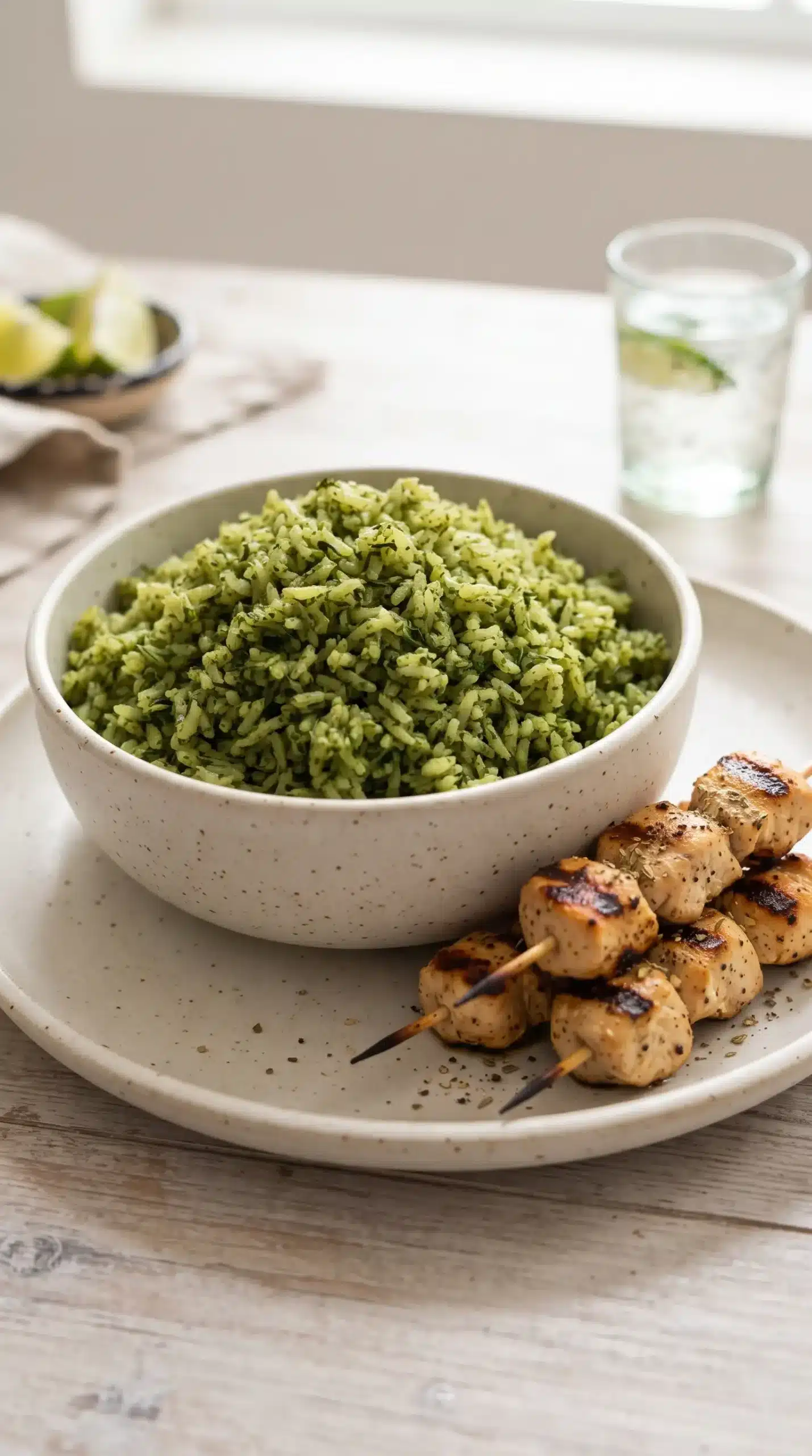 Bowl of cilantro spinach green rice served with grilled chicken skewers