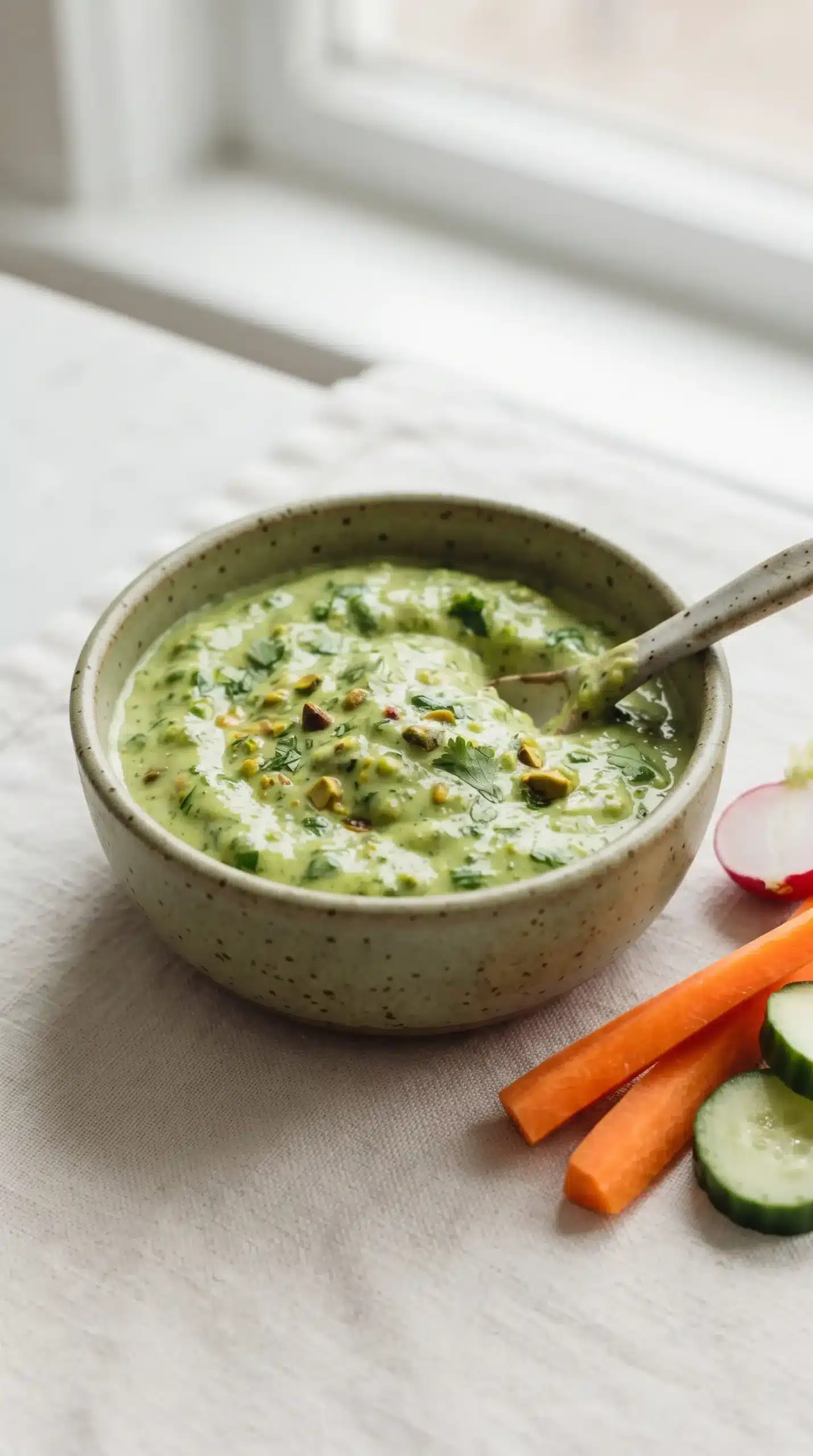 Creamy green sauce served as a dip with herbs and pistachios