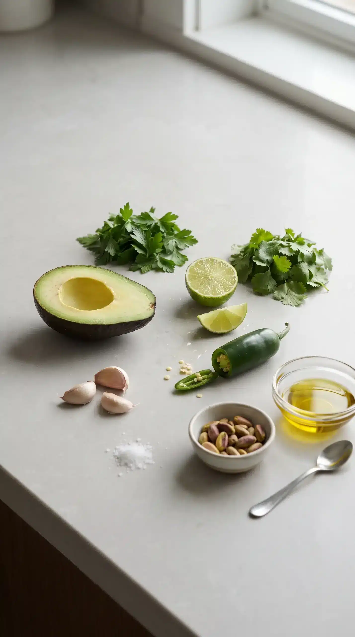 Fresh ingredients for green sauce including avocado, herbs, lime, jalapeño, and pistachios