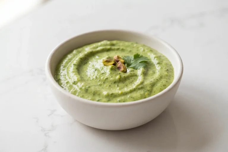 Creamy green sauce with avocado, herbs, lime, and pistachios in a bowl