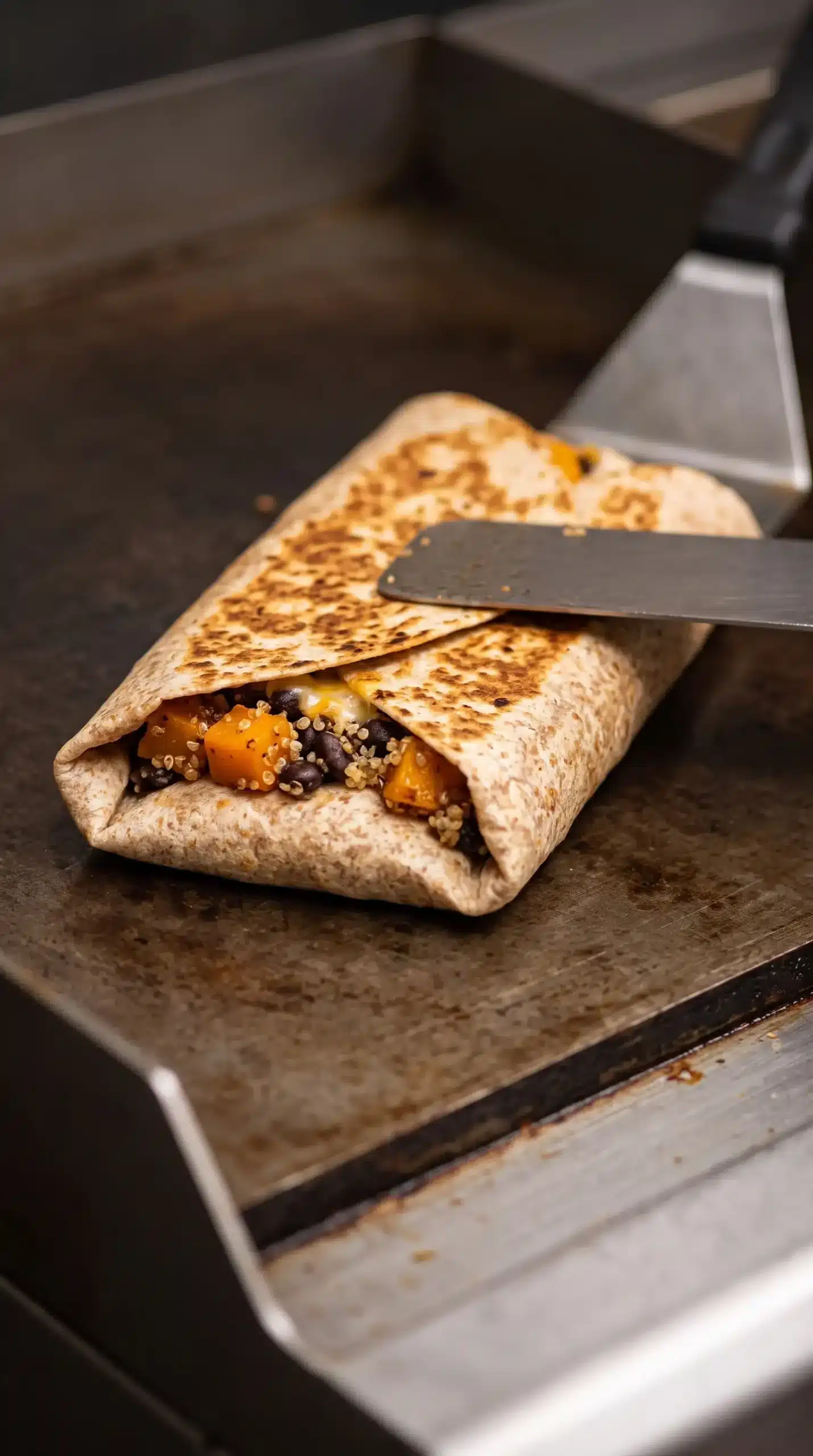 Whole wheat butternut squash black bean wrap grilling on a flat cooking surface