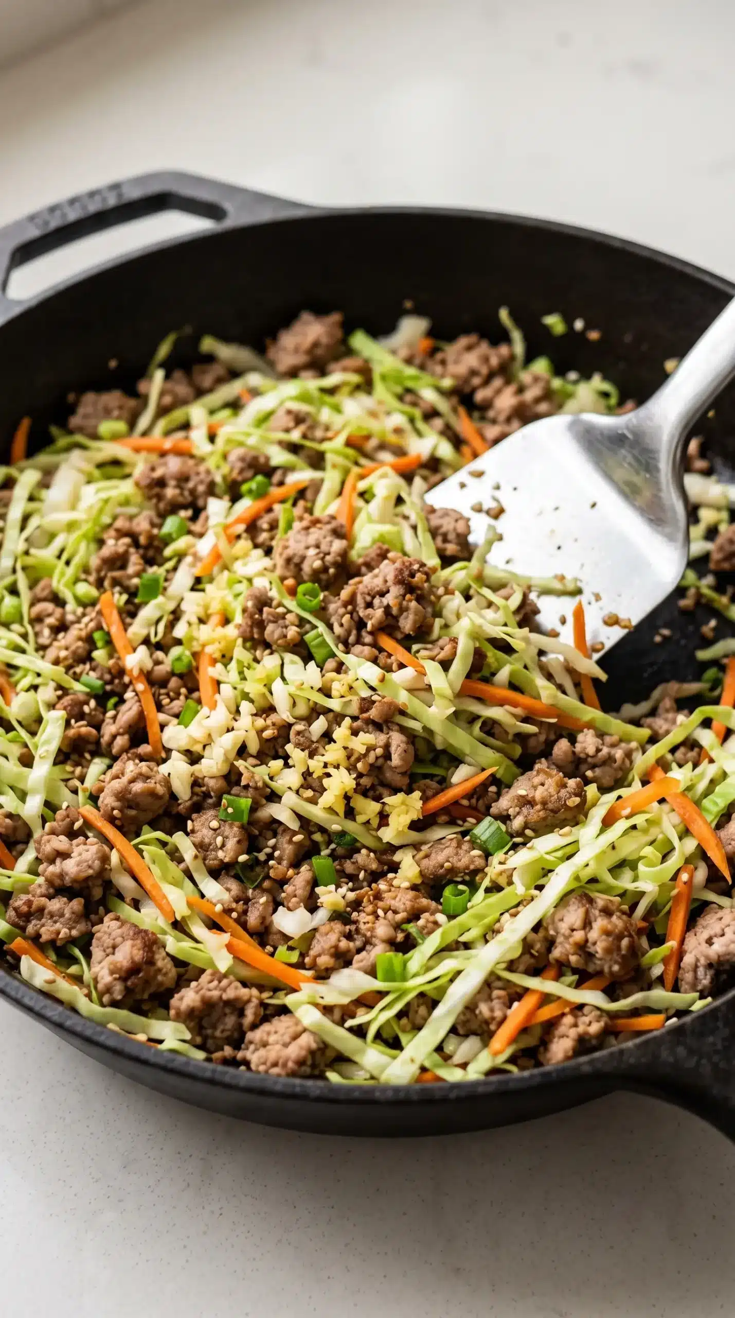 Browned ground pork stirred with shredded cabbage, carrots, garlic, ginger, and seasoning in a skillet.