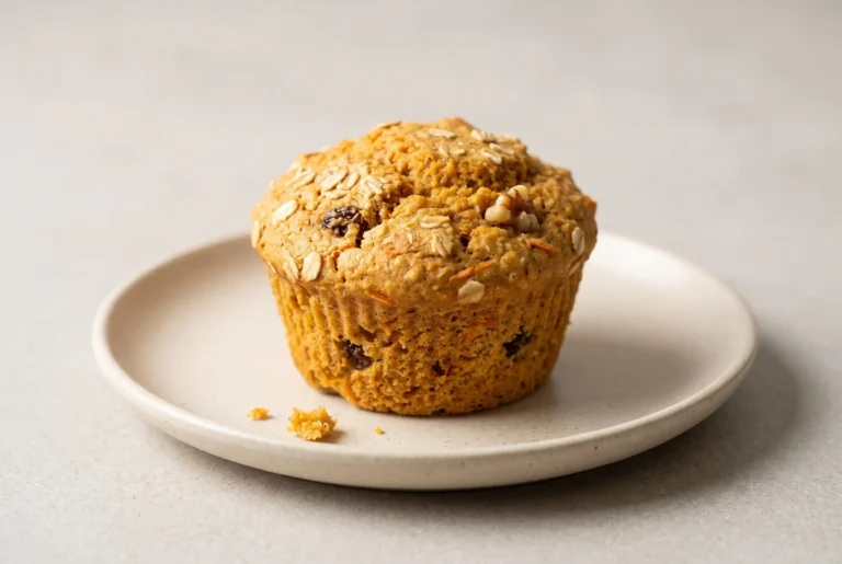 Healthy carrot muffin with oats and dates on a ceramic plate showing a golden textured crumb