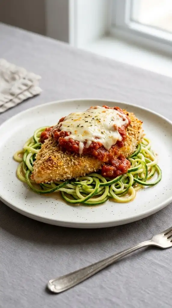 Healthy chicken parmesan with melted mozzarella and zucchini noodles on a plate