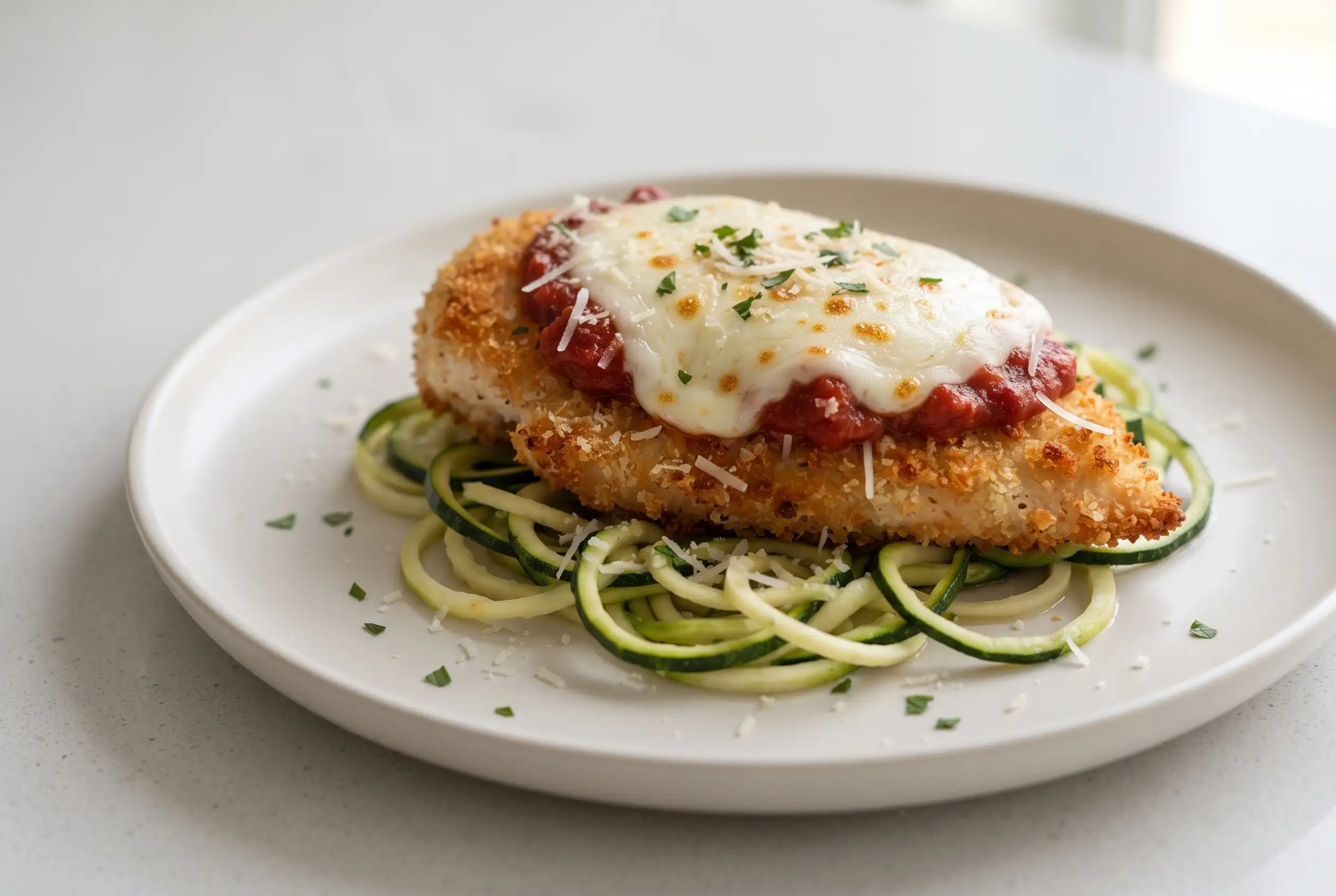Healthy chicken parmesan with zucchini noodles, mozzarella, tomato sauce, and Parmesan crust