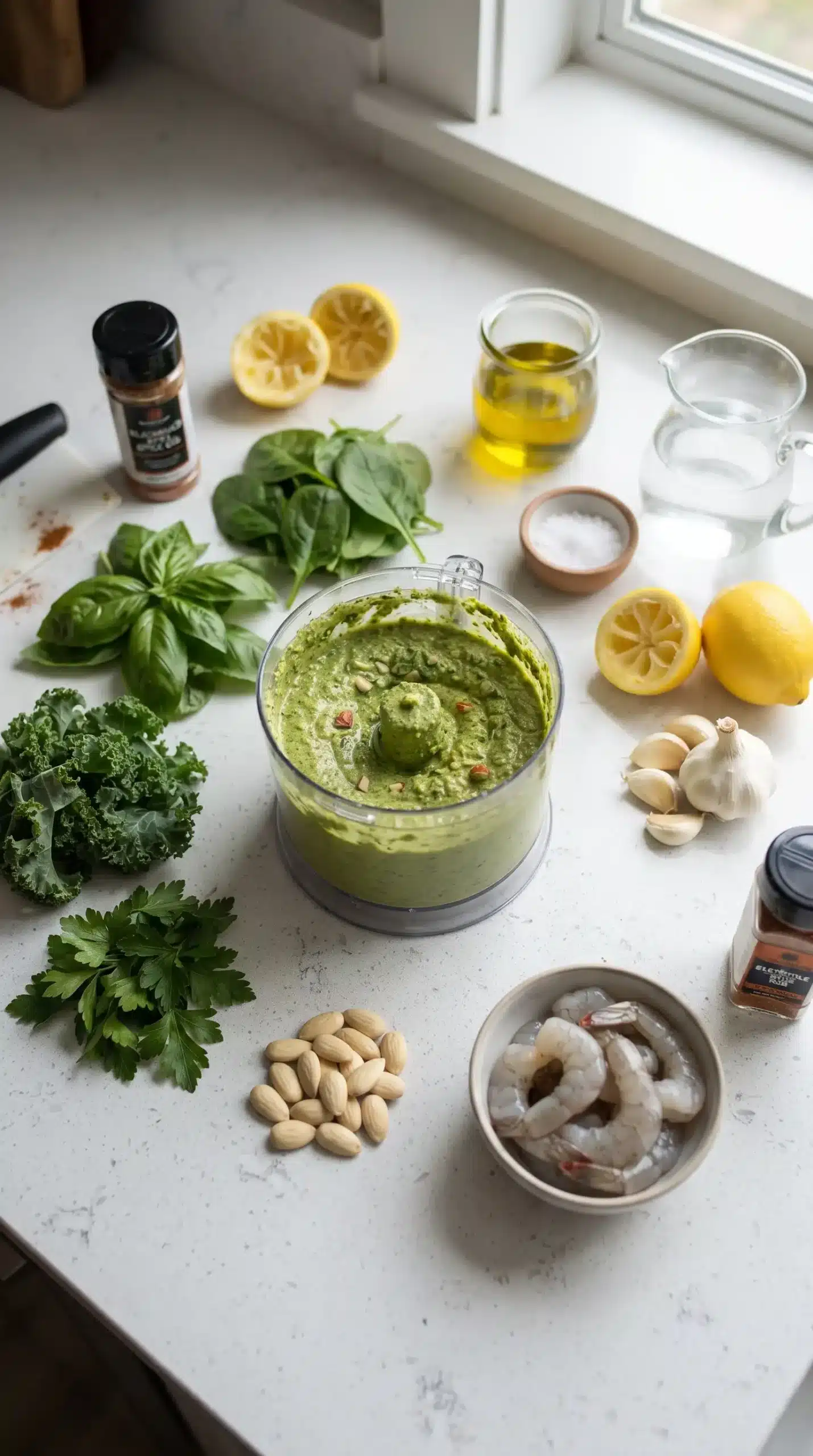 Almond pesto with kale, spinach, basil, garlic, lemon, and almonds beside a food processor
