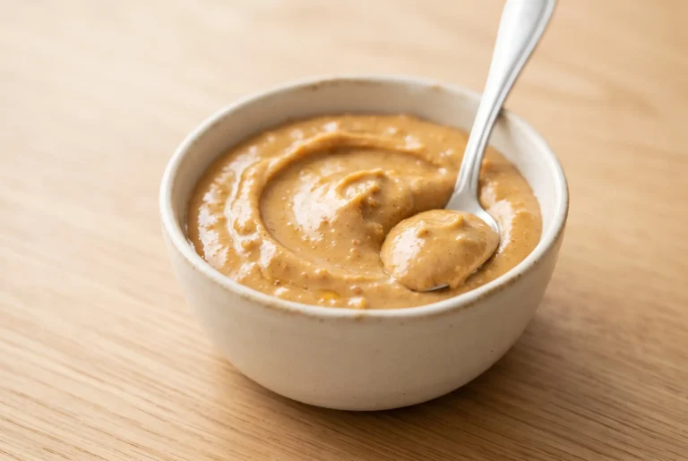 Bowl of smooth homemade peanut butter spread made from dry roasted peanuts