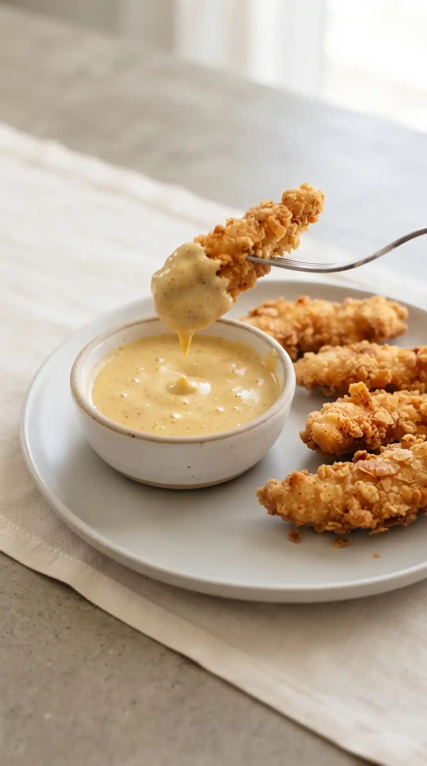 Honey mustard sauce served as a dip with crispy savory food pieces