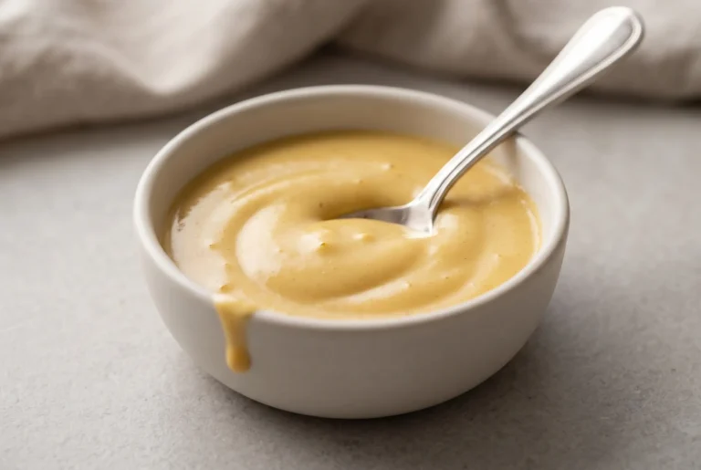 Bowl of creamy honey mustard sauce with a smooth golden texture ready for serving