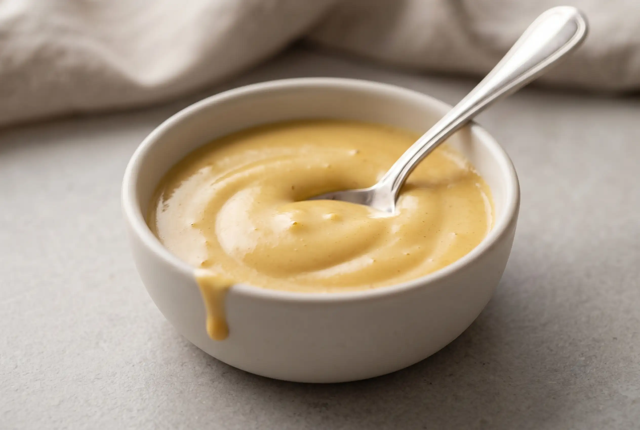 Bowl of creamy honey mustard sauce with a smooth golden texture ready for serving