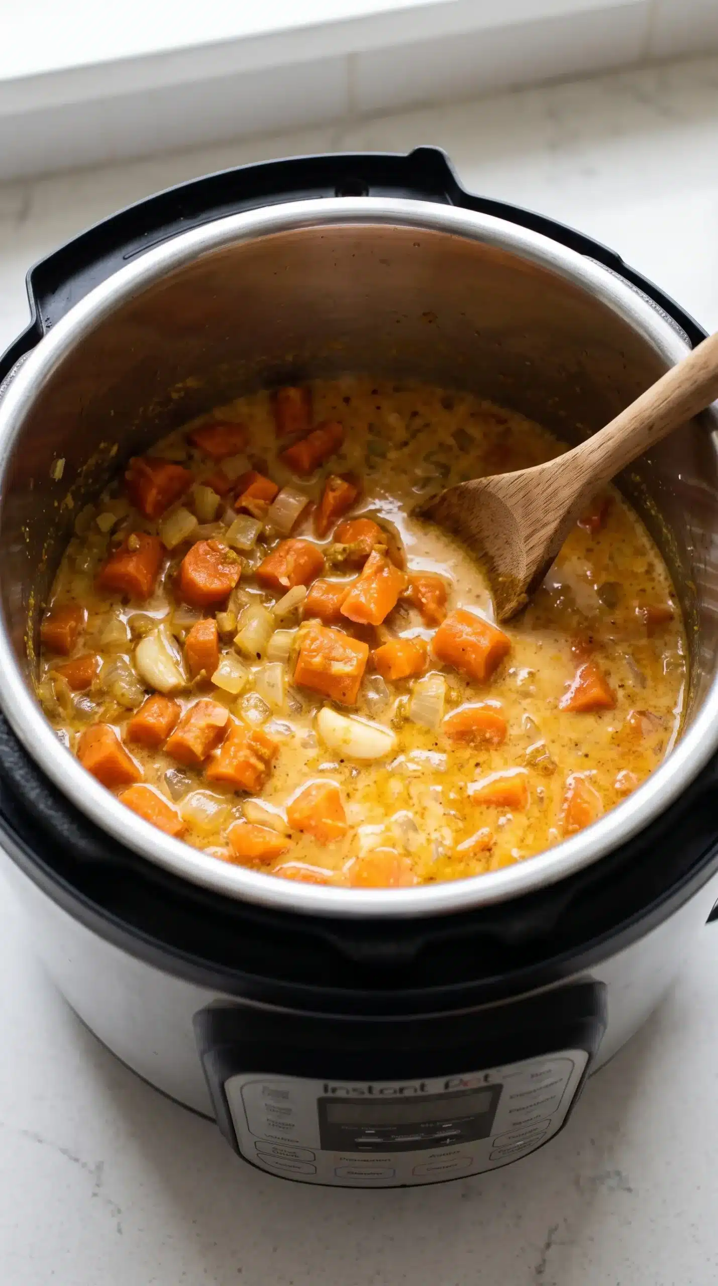 Instant Pot filled with cooked carrots, coconut milk, broth, and curry soup base