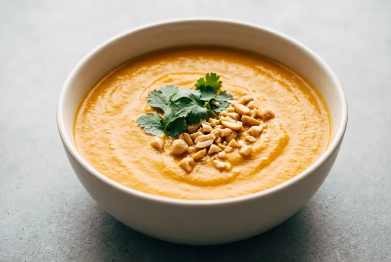 Bowl of creamy instant pot carrot soup with coconut milk, curry, cilantro, and peanuts
