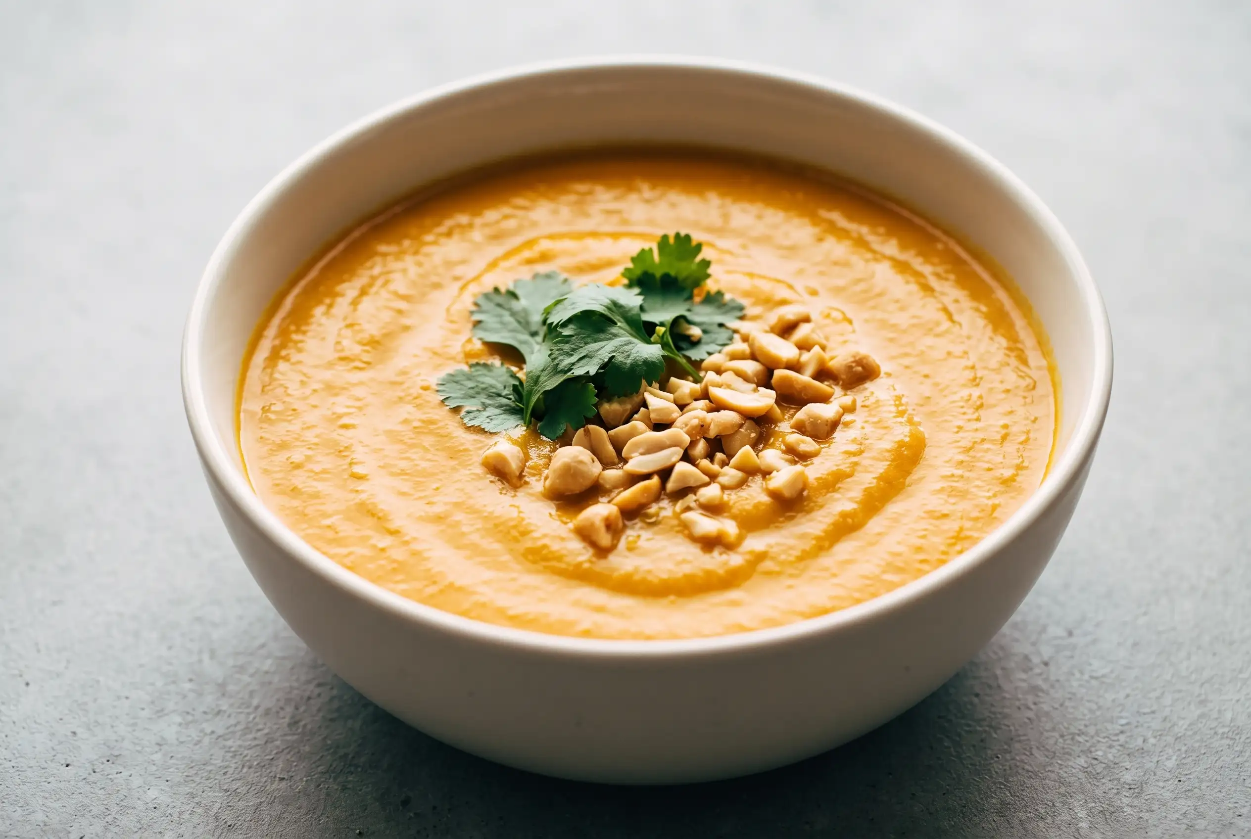 Bowl of creamy instant pot carrot soup with coconut milk, curry, cilantro, and peanuts