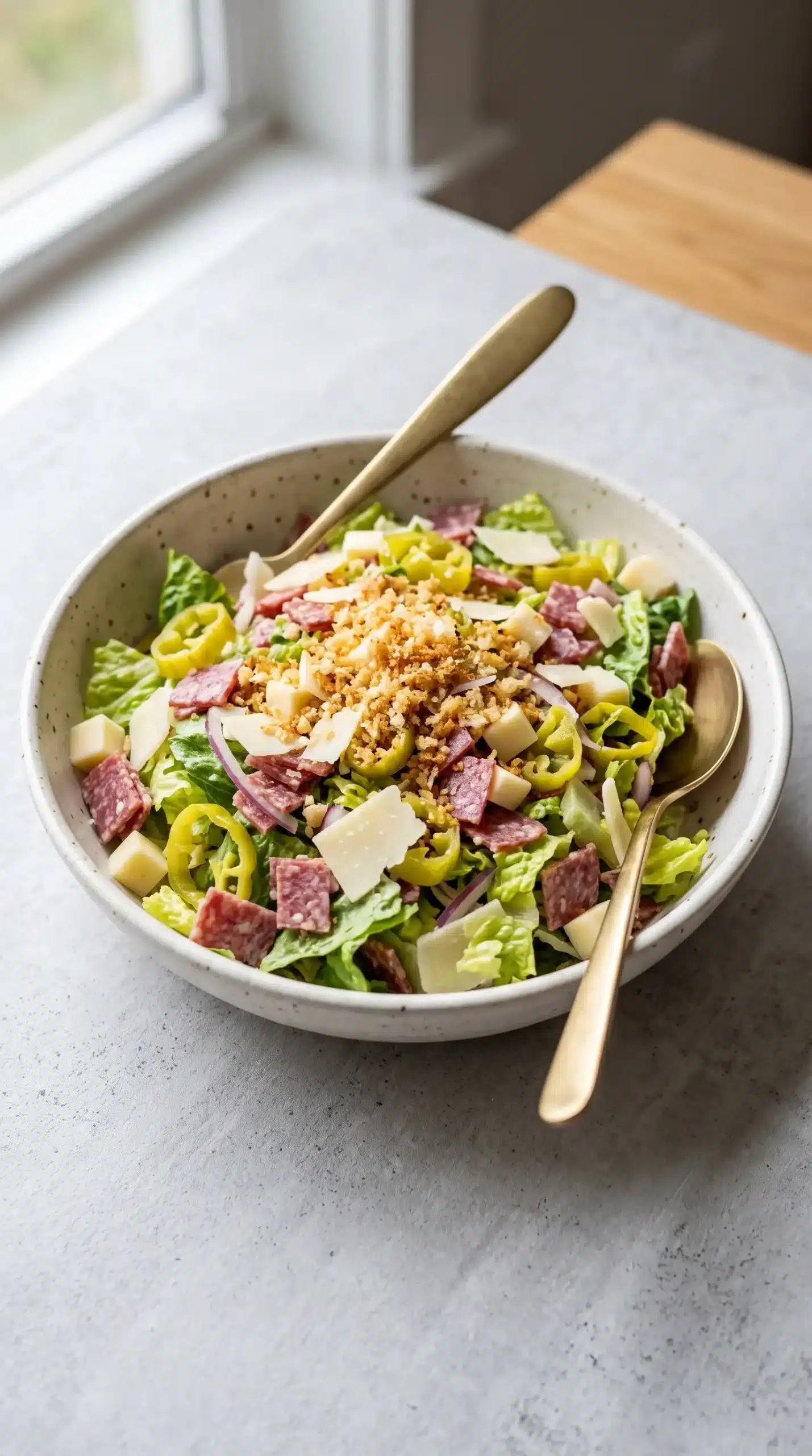 Serving bowl of Italian salad with salami, cheese, pepperoncini, and crunchy panko