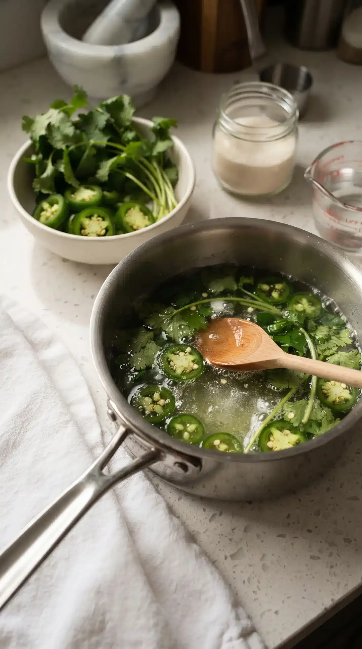 Jalapeño cilantro simple syrup simmering with herbs and pepper slices in a saucepan