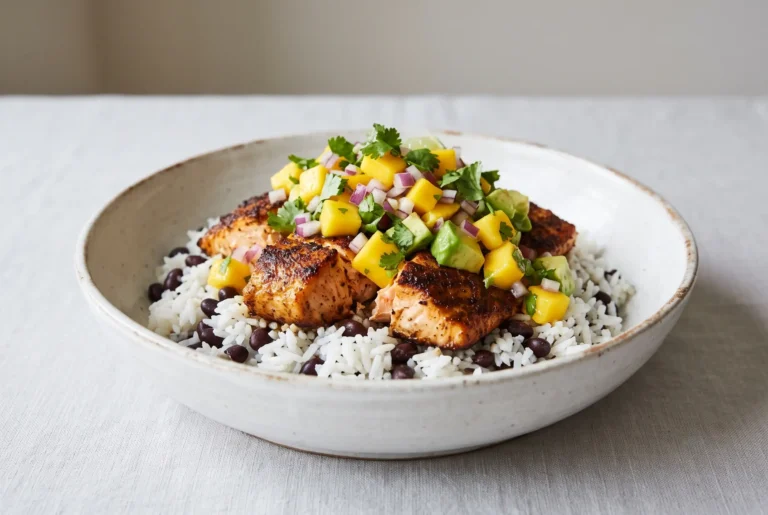 Jerk salmon bowl with rice, black beans, spiced salmon, and mango salsa