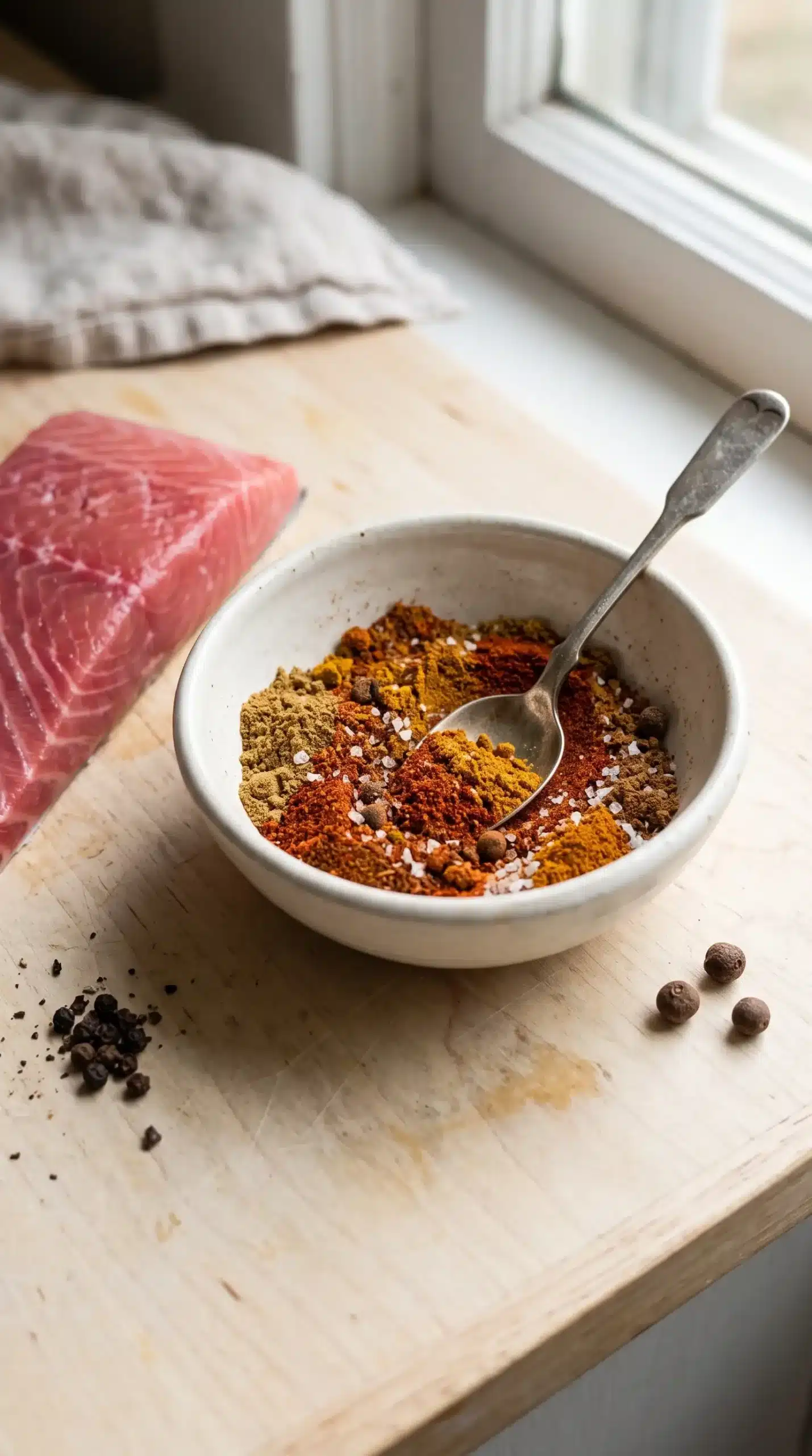 Jerk spice blend with salmon filet ready for seasoning