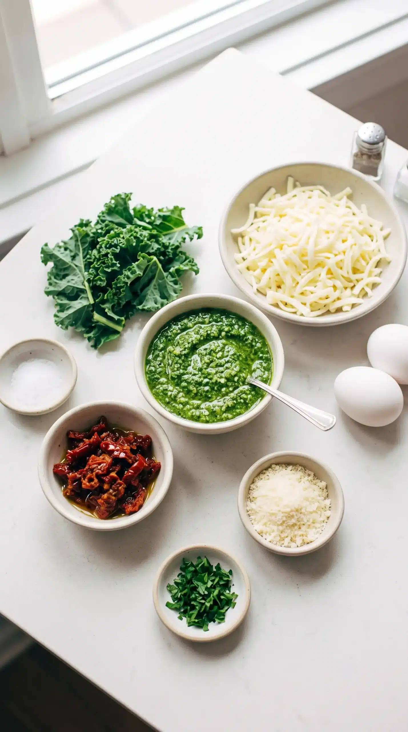 Kale pesto, sun dried tomatoes, mozzarella, kale, Parmesan, and parsley prepared for pizza
