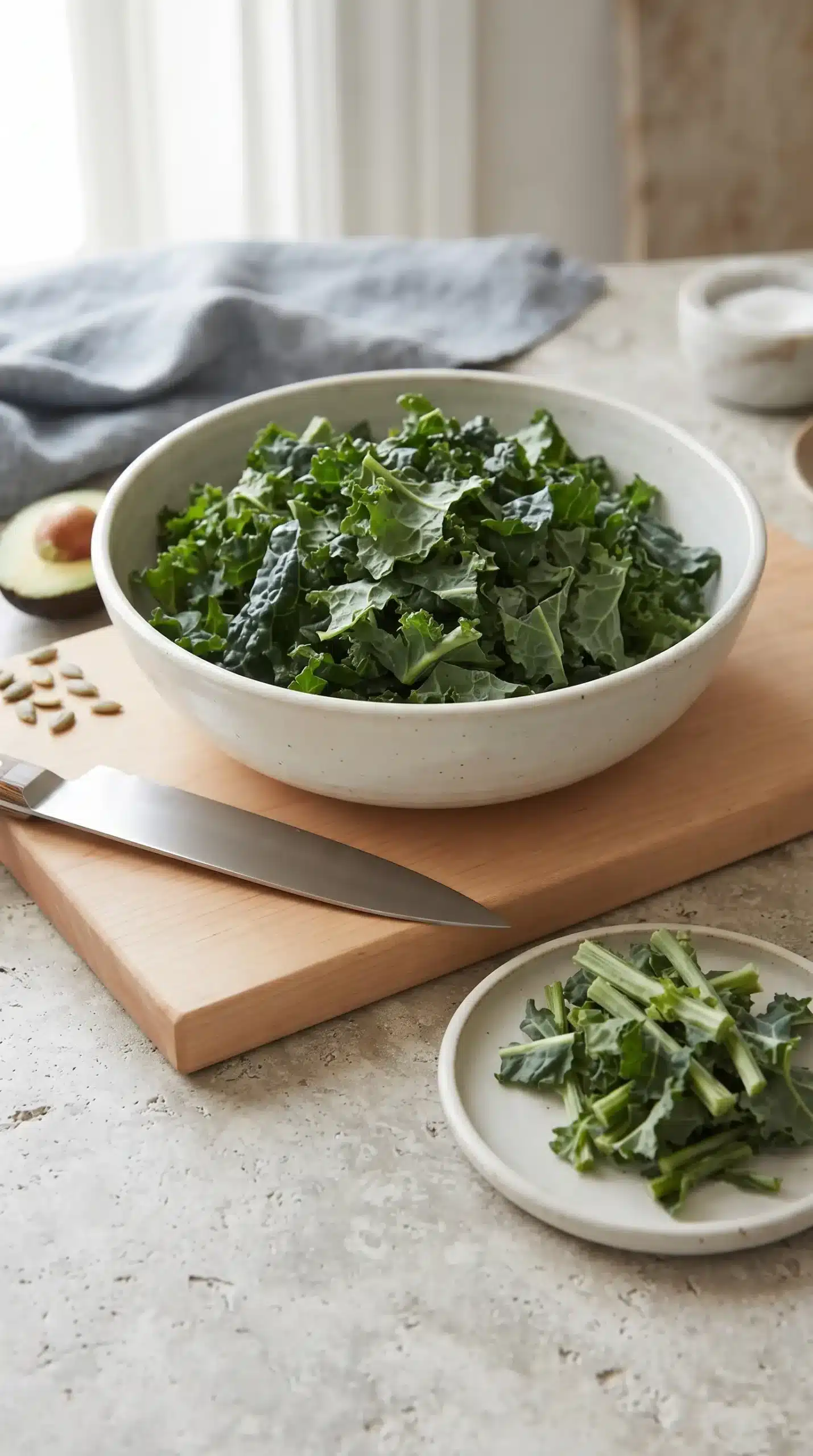 Professional food photography close-up showing kale preparation for avocado kale caesar salad. Focus on fresh kale leaves on a neutral ceramic plate or simple countertop, with thick stems removed and chopped kale pieces being prepared for dressing. Include a chef's knife and a small pile of trimmed kale stems off to the side to clearly show the preparation step. The scene should look like a real home kitchen process, with natural green leaf texture, soft daylight, minimal purposeful props, and a realistic three-quarter angle. Do not show the finished salad or avocado dressing mixed in yet.